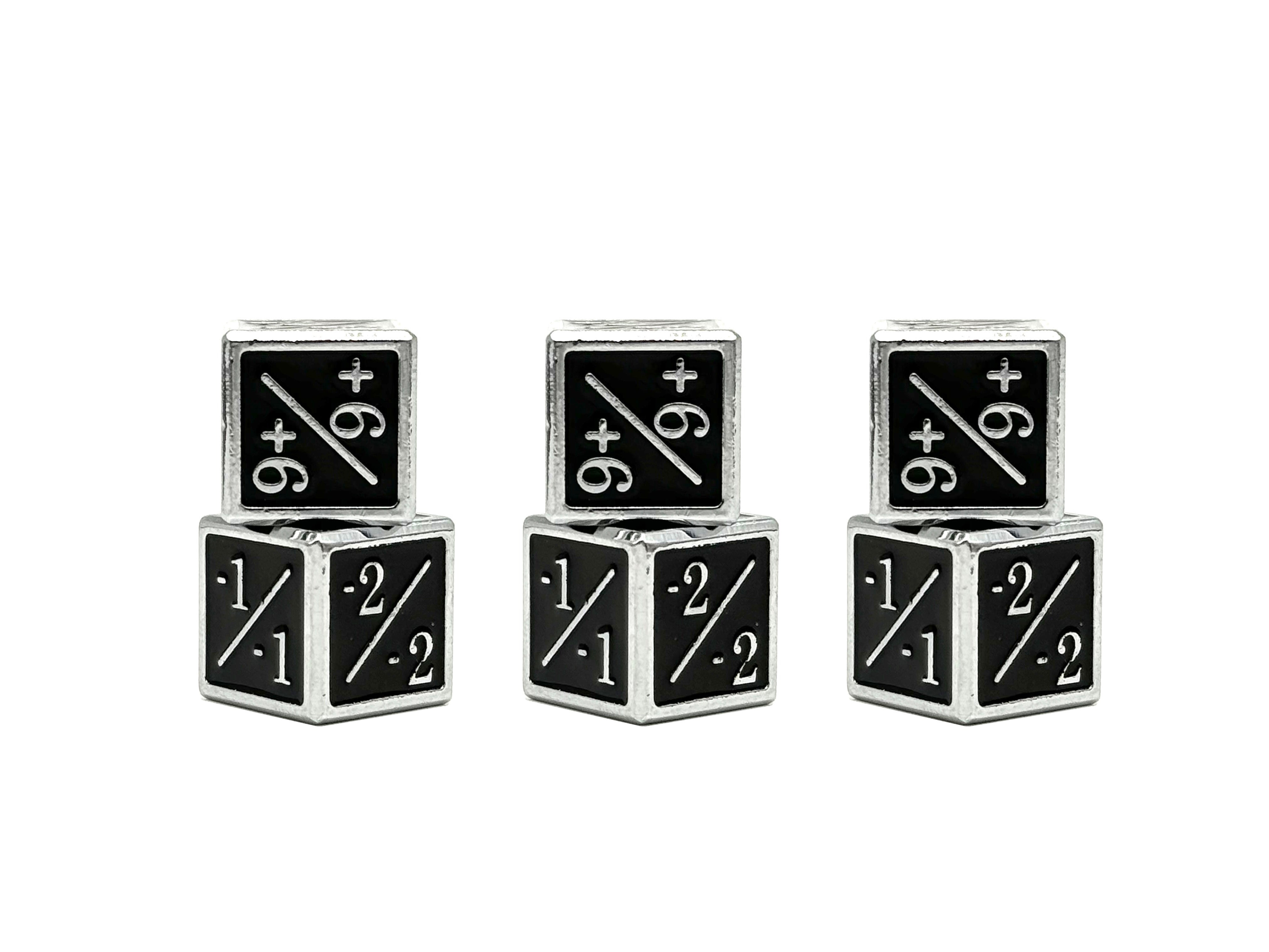 1/+1 & -1/-1 D6 Black Pack of 6 CCG Metal Dice-Alloy Dice-Norse Foundry-Norse Foundry-dungeons & dragons-d&d dice-rpg d6-metal d6-d&d-d6-warpips-pips-perfect for tabletop rpgs