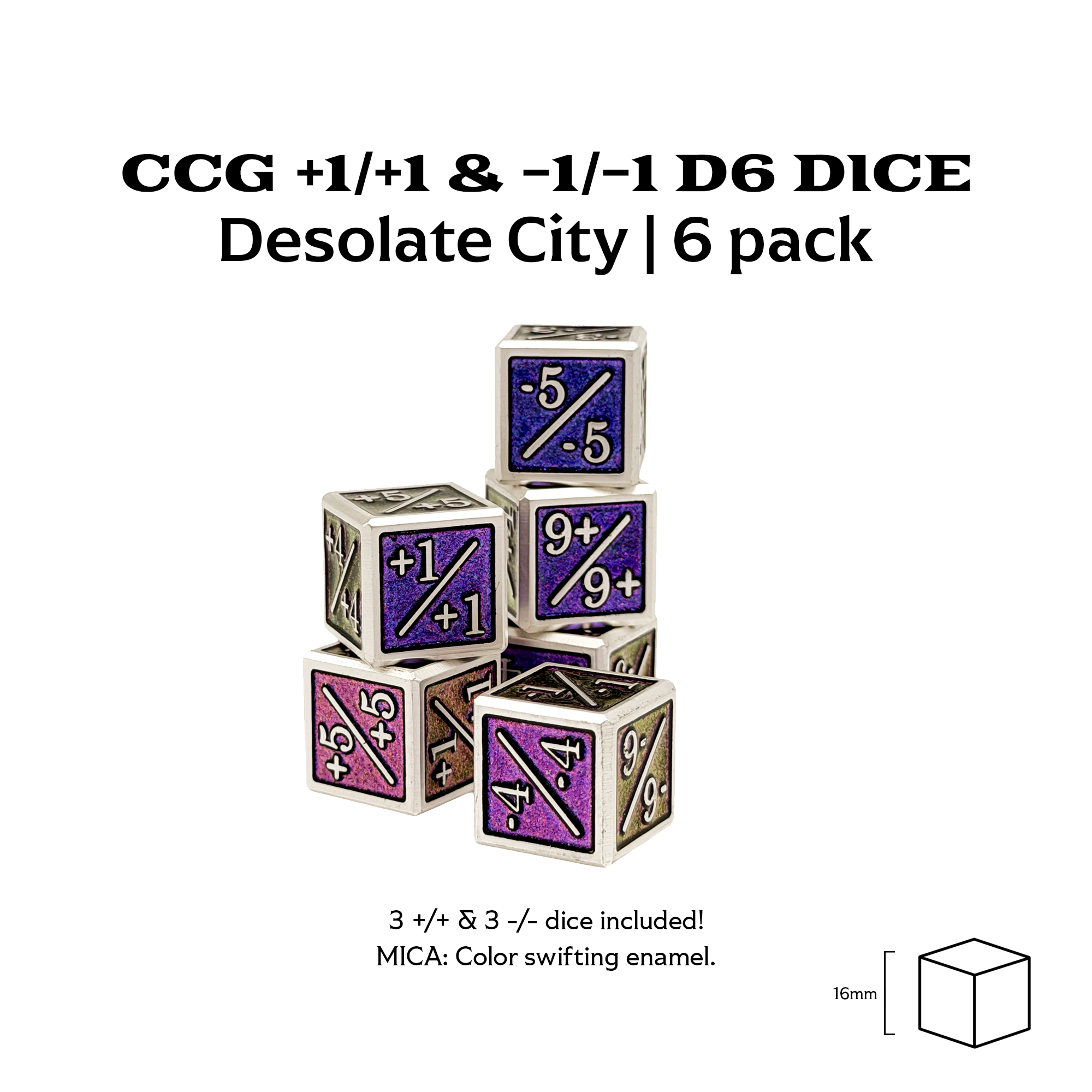 1/+1 & -1/-1 D6 Desolate City Pack of 6 CCG Metal Dice-Norse Foundry-Norse Foundry-dungeons & dragons-d&d dice-rpg d6-metal d6-d&d-d6-warpips-pips-perfect for tabletop rpgs