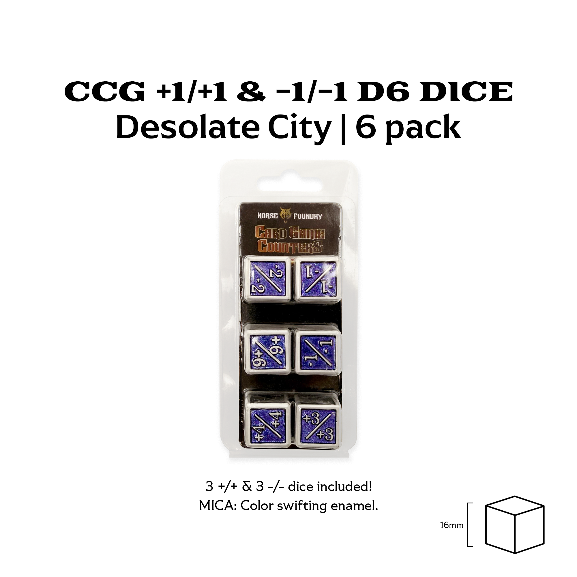 1/+1 & -1/-1 D6 Desolate City Pack of 6 CCG Metal Dice-Norse Foundry-Norse Foundry-dungeons & dragons-d&d dice-rpg d6-metal d6-d&d-d6-warpips-pips-perfect for tabletop rpgs