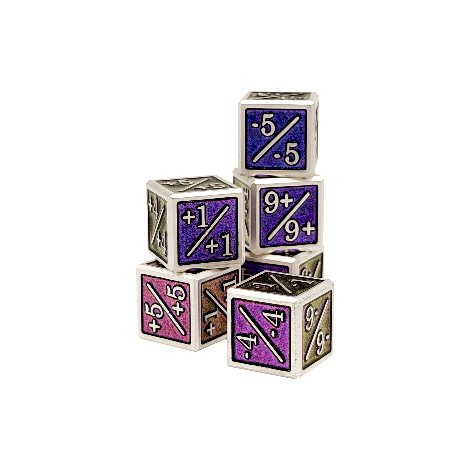 1/+1 & -1/-1 D6 Desolate City Pack of 6 CCG Metal Dice-Norse Foundry-Norse Foundry-dungeons & dragons-d&d dice-rpg d6-metal d6-d&d-d6-warpips-pips-perfect for tabletop rpgs
