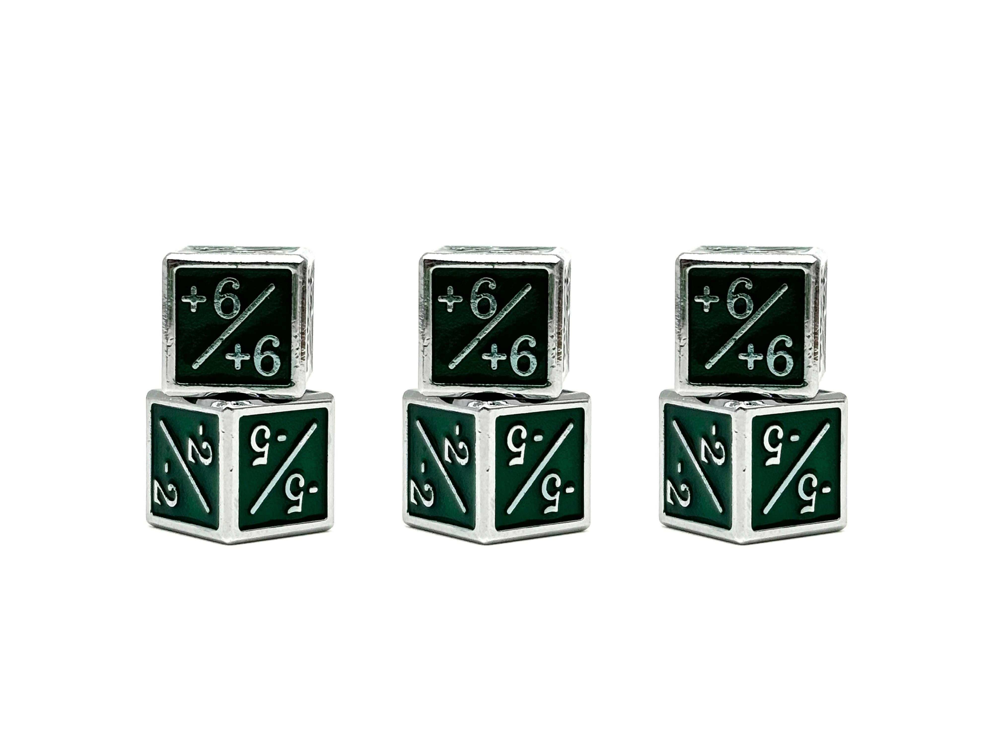 1/+1 & -1/-1 D6 Green Pack of 6 CCG Metal Dice-Alloy Dice-Norse Foundry-Norse Foundry-dungeons & dragons-d&d dice-rpg d6-metal d6-d&d-d6-warpips-pips-perfect for tabletop rpgs