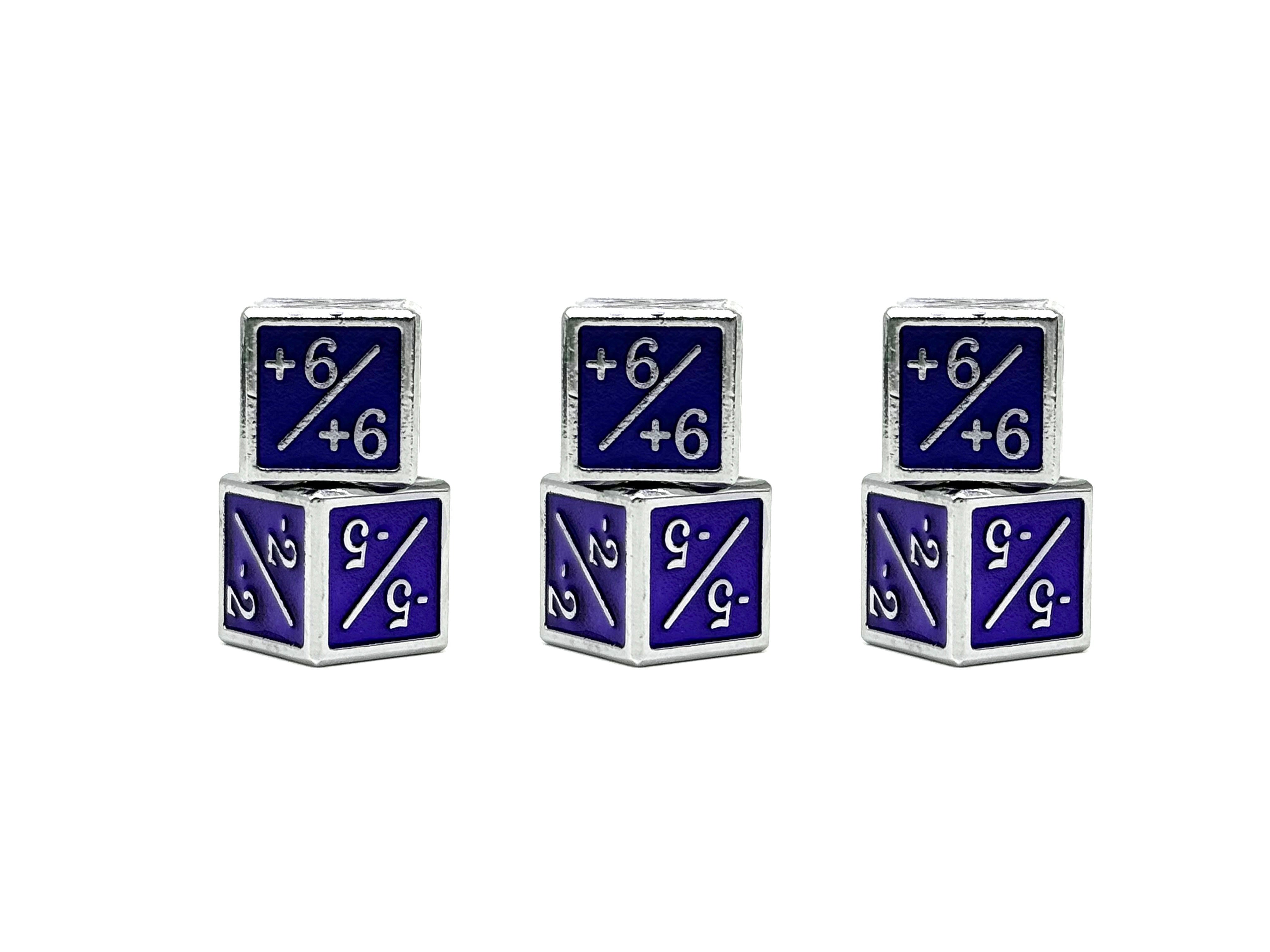 1/+1 & -1/-1 D6 Purple Pack of 6 CCG Metal Dice-Alloy Dice-Norse Foundry-Norse Foundry-dungeons & dragons-d&d dice-rpg d6-metal d6-d&d-d6-warpips-pips-perfect for tabletop rpgs