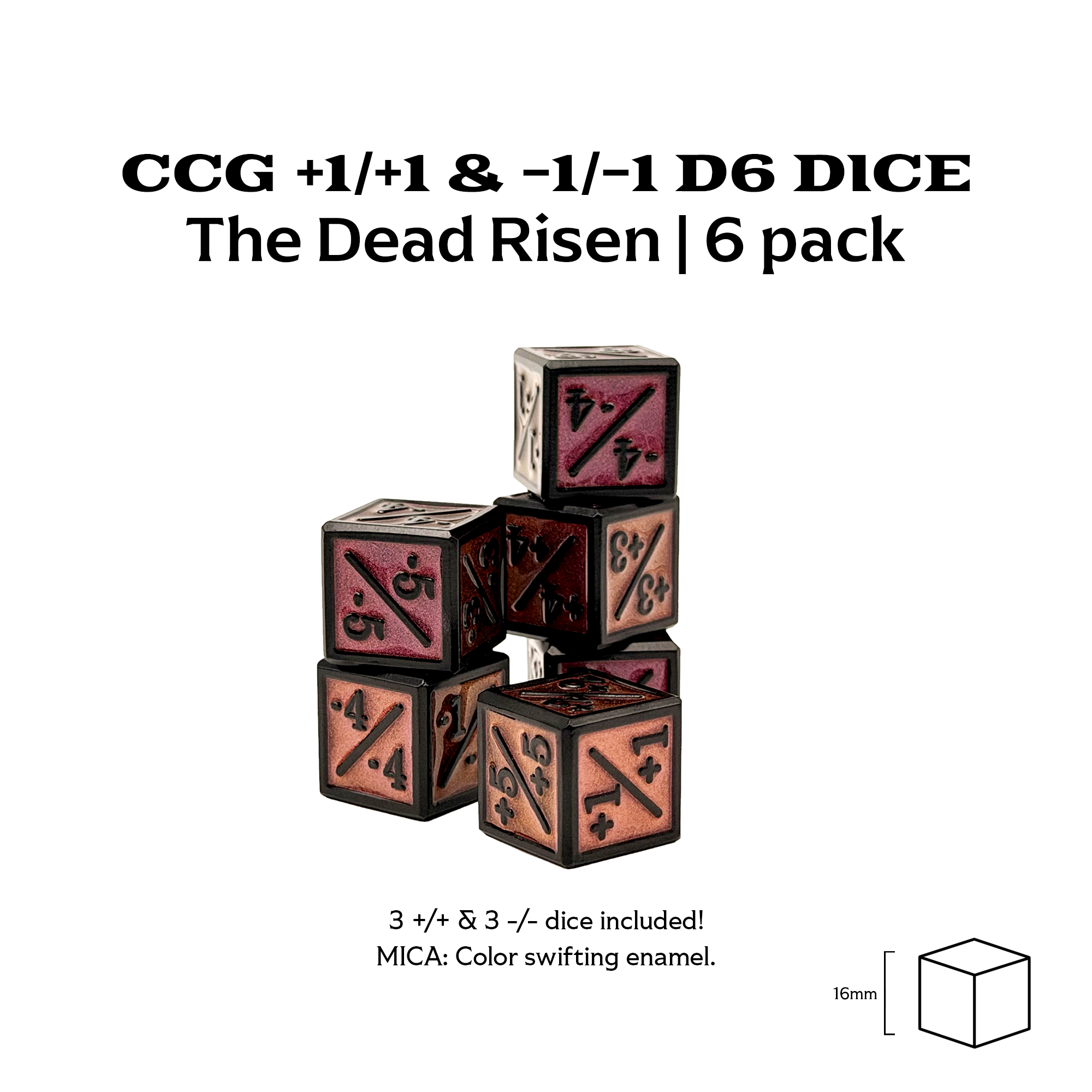1/+1 & -1/-1 D6 The Dead Risen Pack of 6 CCG Metal Dice-Norse Foundry-Norse Foundry-dungeons & dragons-d&d dice-rpg d6-metal d6-d&d-d6-warpips-pips-perfect for tabletop rpgs