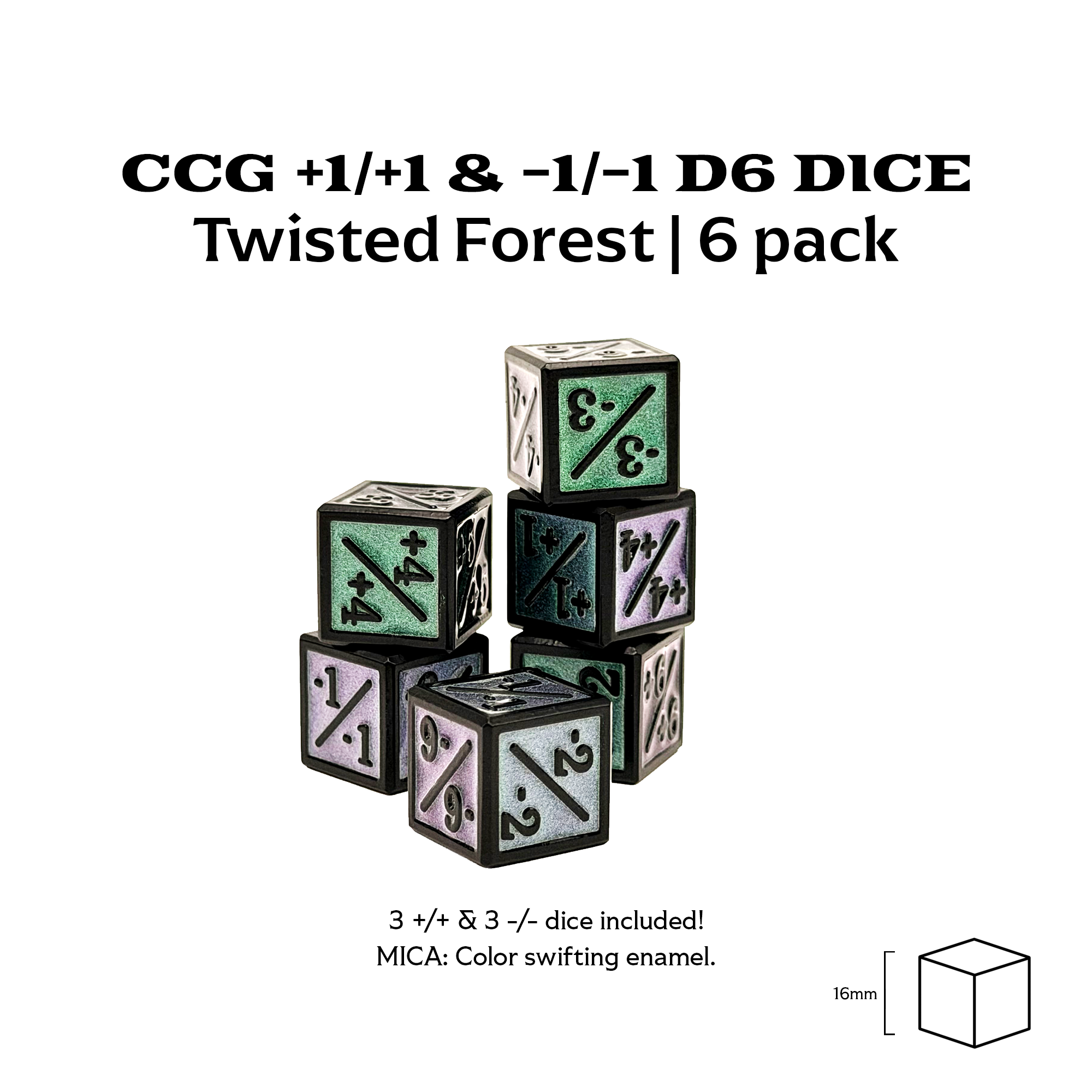 1/+1 & -1/-1 D6 Twisted Forest Pack of 6 CCG Metal Dice-Norse Foundry -Norse Foundry-dungeons & dragons-d&d dice-rpg d6-metal d6-d&d-d6-warpips-pips-perfect for tabletop rpgs