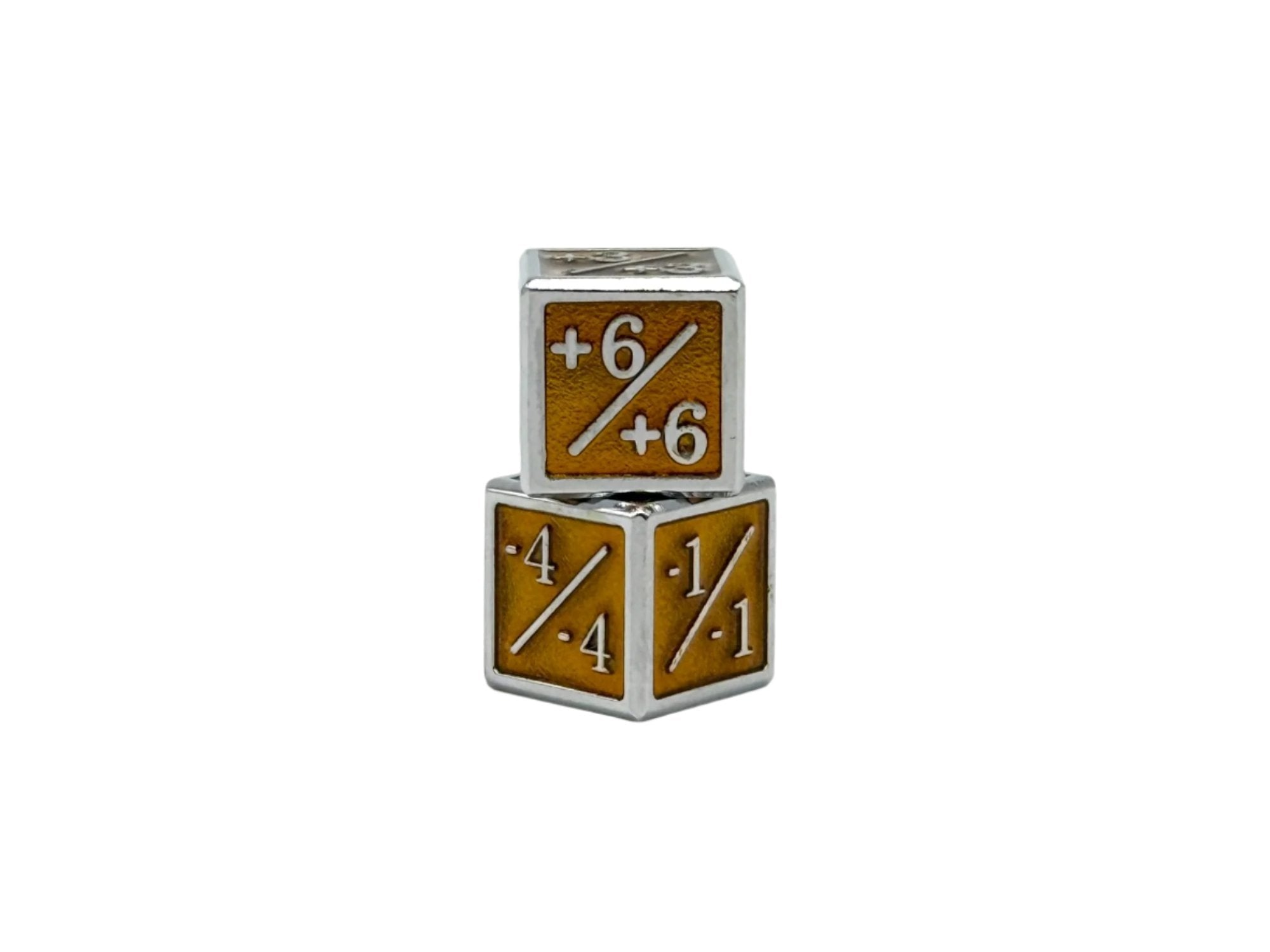 1/+1 & -1/-1 D6 Yellow Pack of 6 CCG Metal Dice-Alloy Dice-Norse Foundry-Norse Foundry-dungeons & dragons-d&d dice-rpg d6-metal d6-d&d-d6-warpips-pips-perfect for tabletop rpgs