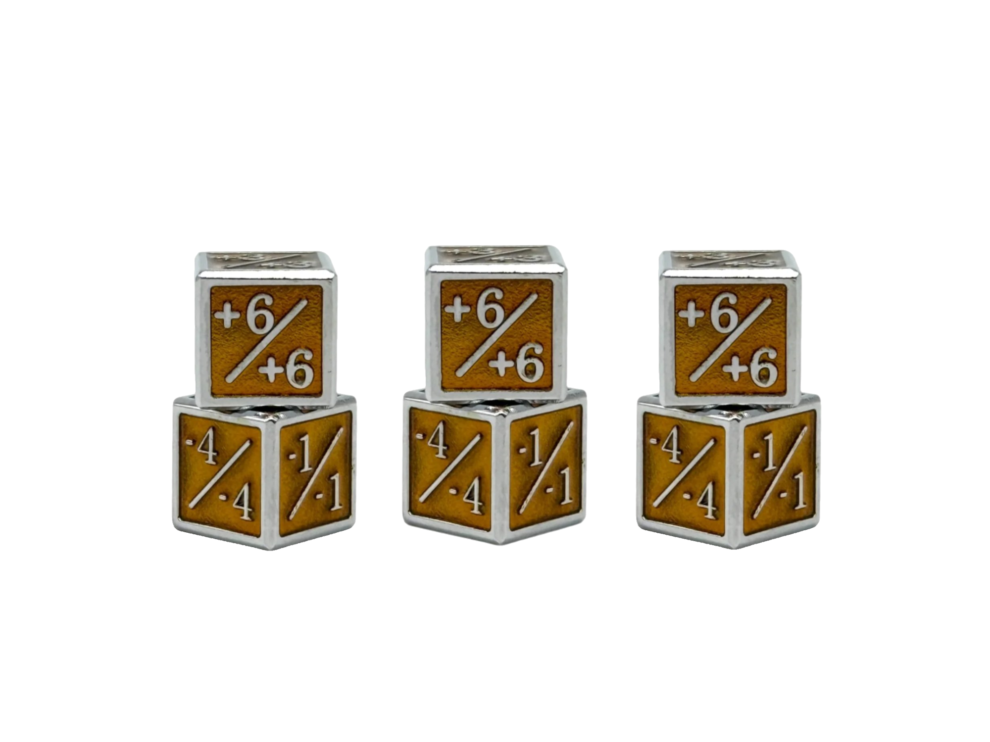 1/+1 & -1/-1 D6 Yellow Pack of 6 CCG Metal Dice-Alloy Dice-Norse Foundry-Norse Foundry-dungeons & dragons-d&d dice-rpg d6-metal d6-d&d-d6-warpips-pips-perfect for tabletop rpgs