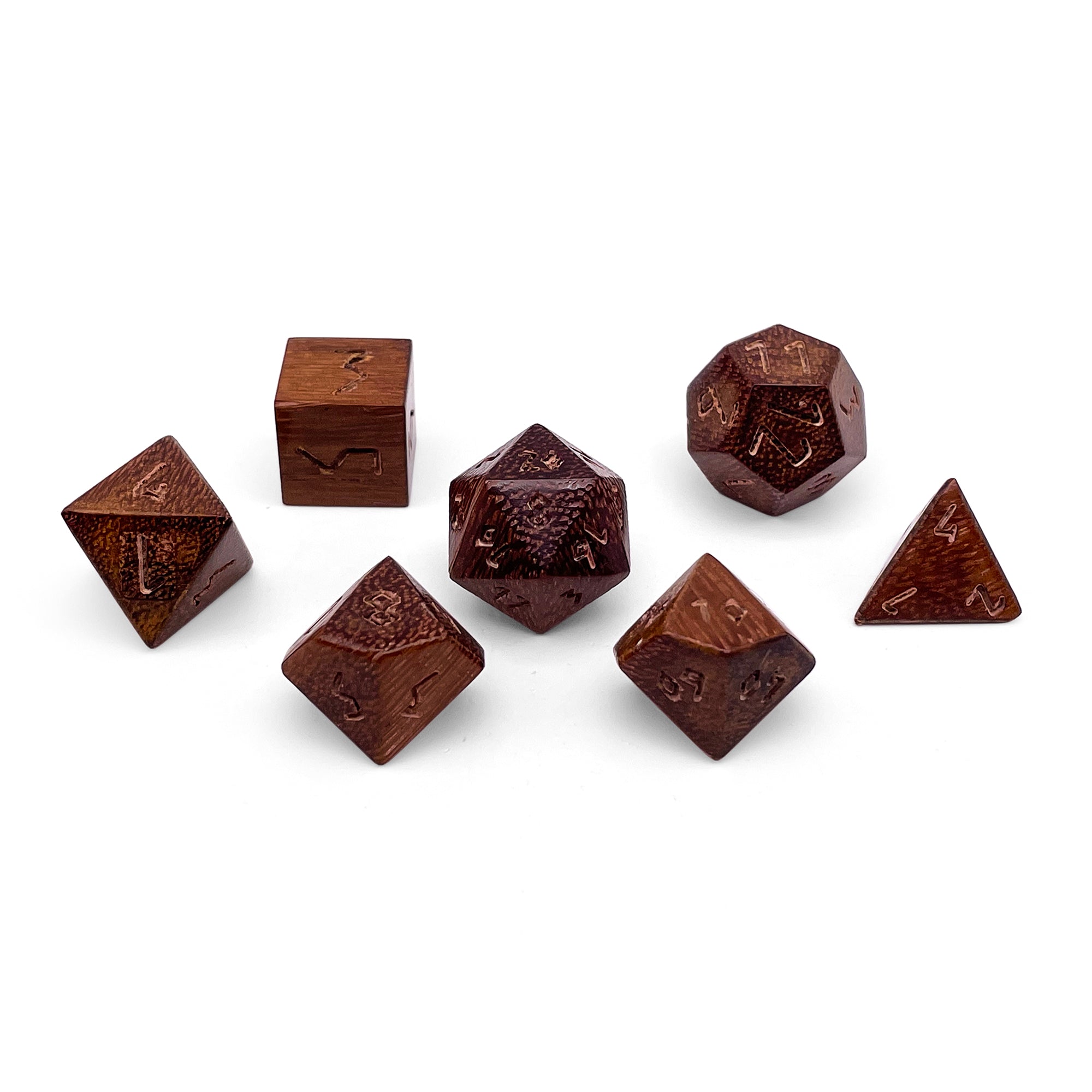 African Teak - 7 Piece RPG Wooden Dice Set-Dice-Norse Foundry-Norse Foundry-wood dice set-dungeons & dragons-d&d dice set-rpg dice set-wood dice set-d&d-perfect for tabletop rpgs