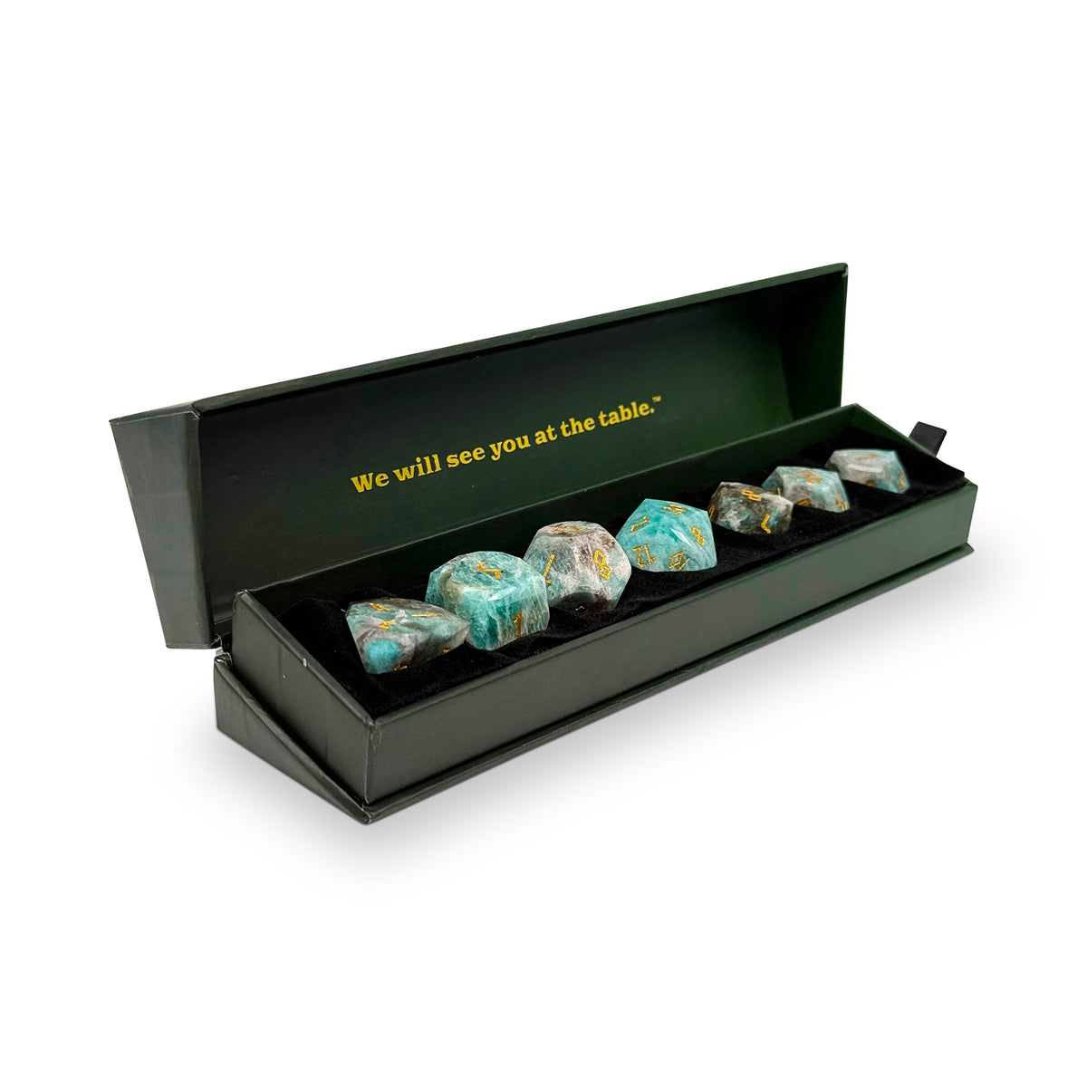 Amazonite w/ Gold Font - 7 Piece RPG Set Gemstone Wondrous Cut Dice-Gemstone Dice-Norse Foundry-Gemstone Dice-Dungeons & Dragons Dice-Gem Dice-DnD Dice-Gaming Dice-Perfect for Tabletop RPGs-Dice Set