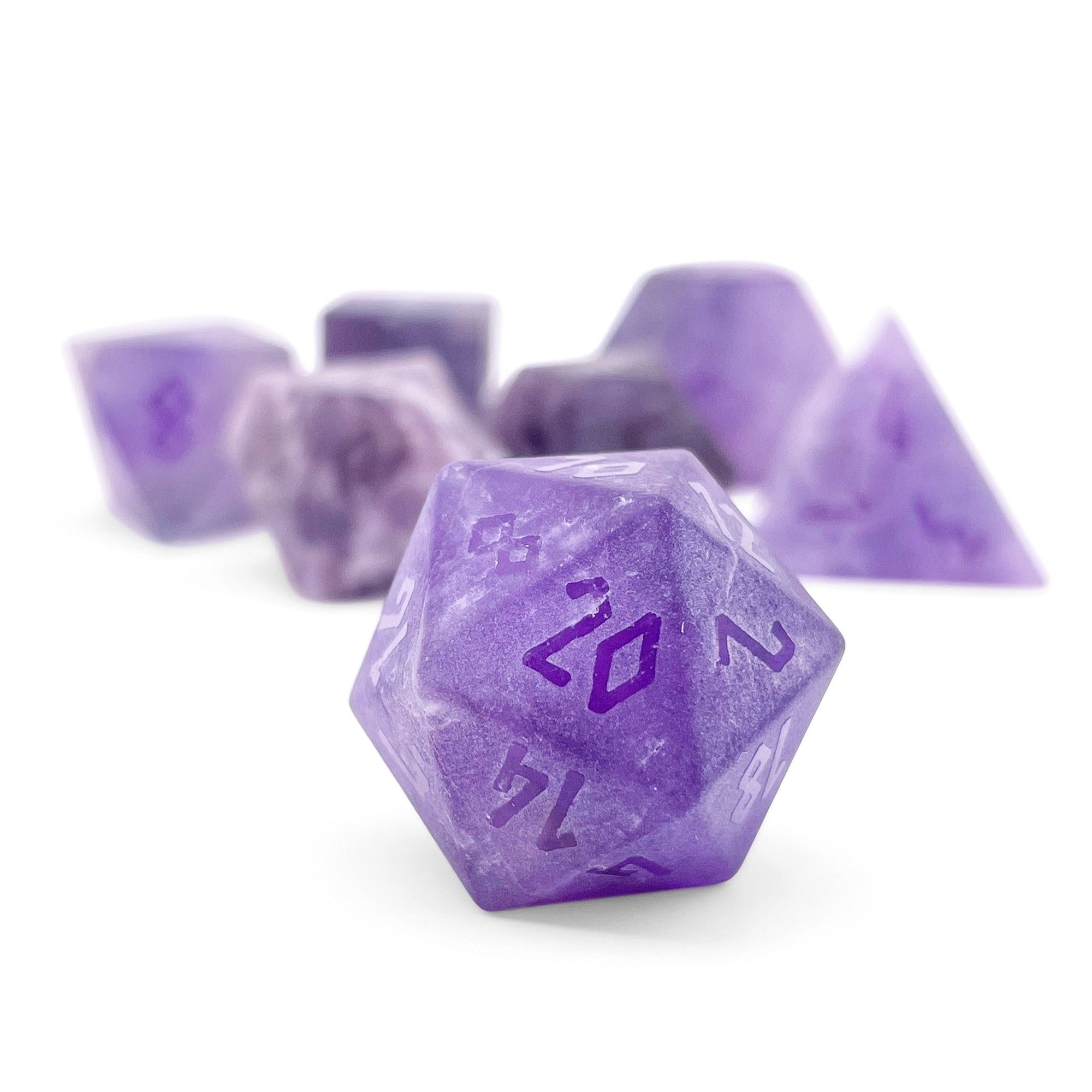 Amethyst - Frosted - Raised 7 Piece RPG Set Gemstone Dice-Gemstone Dice-Norse Foundry-Gemstone Dice-Dungeons & Dragons Dice-Gem Dice-DnD Dice-Gaming Dice-Perfect for Tabletop RPGs-Dice Set