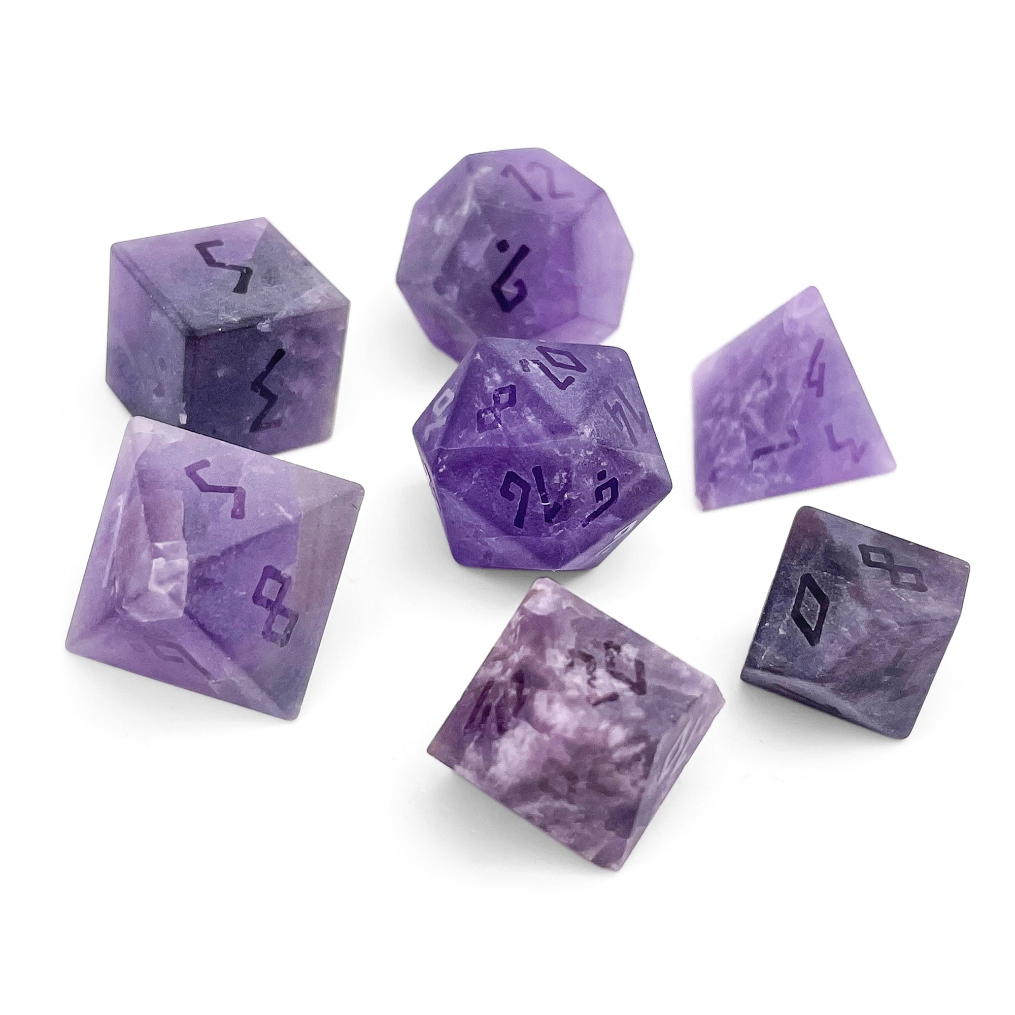 Amethyst - Frosted - Raised 7 Piece RPG Set Gemstone Dice-Gemstone Dice-Norse Foundry-Gemstone Dice-Dungeons & Dragons Dice-Gem Dice-DnD Dice-Gaming Dice-Perfect for Tabletop RPGs-Dice Set