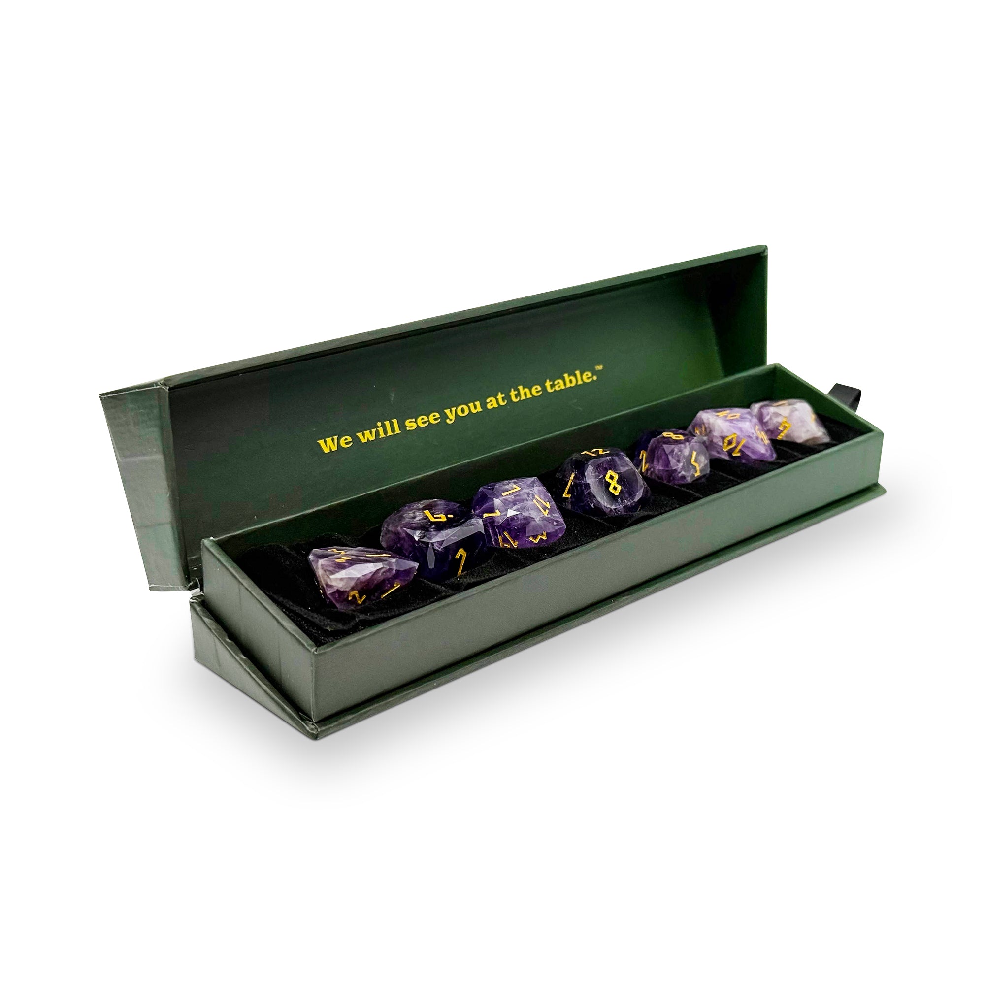 Amethyst w/ Gold Font - 7 Piece RPG Set Gemstone Wondrous Cut Dice-Gemstone Dice-Norse Foundry-Gemstone Dice-Dungeons & Dragons Dice-Gem Dice-DnD Dice-Gaming Dice-Perfect for Tabletop RPGs-Dice Set