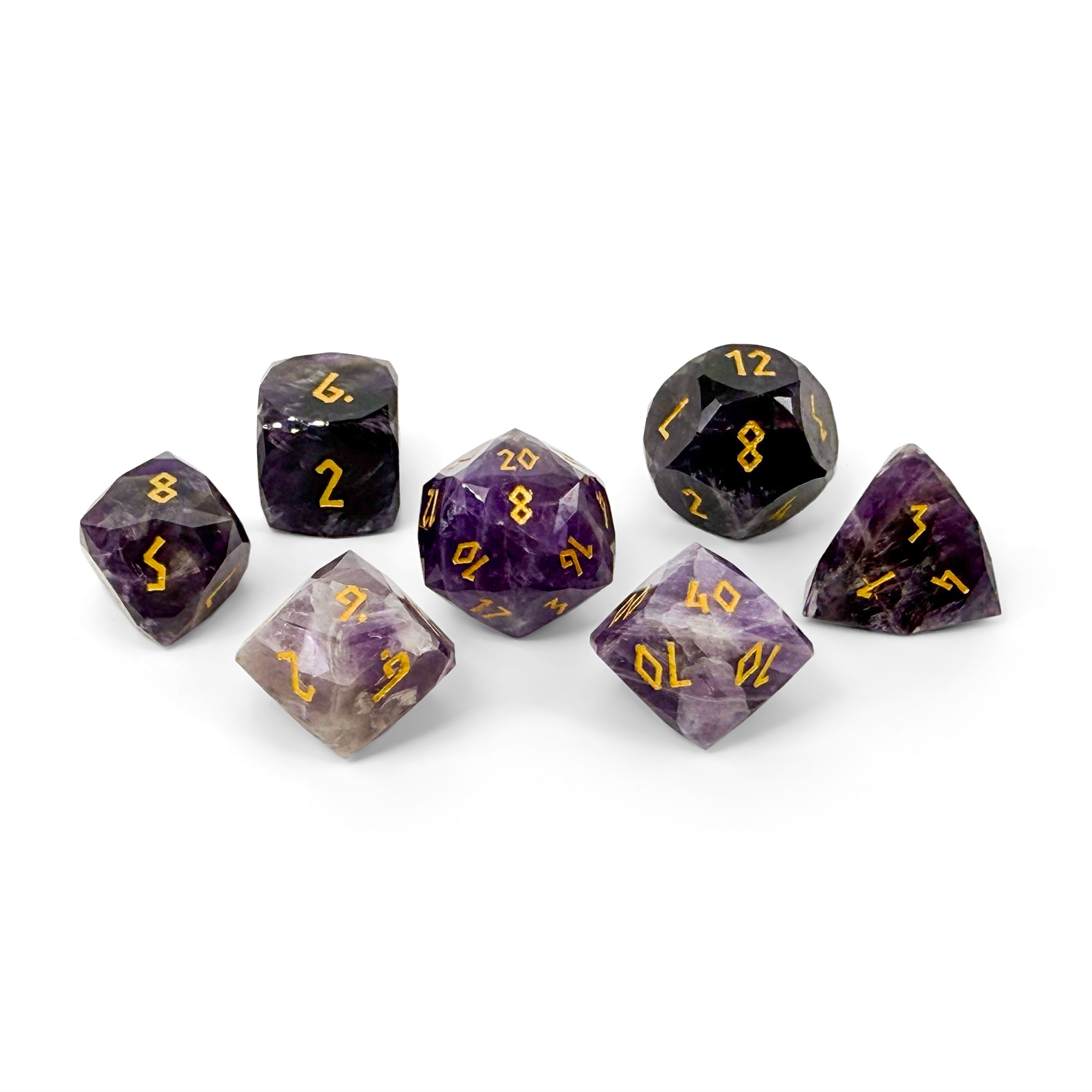 Amethyst w/ Gold Font - 7 Piece RPG Set Gemstone Wondrous Cut Dice-Gemstone Dice-Norse Foundry-Gemstone Dice-Dungeons & Dragons Dice-Gem Dice-DnD Dice-Gaming Dice-Perfect for Tabletop RPGs-Dice Set