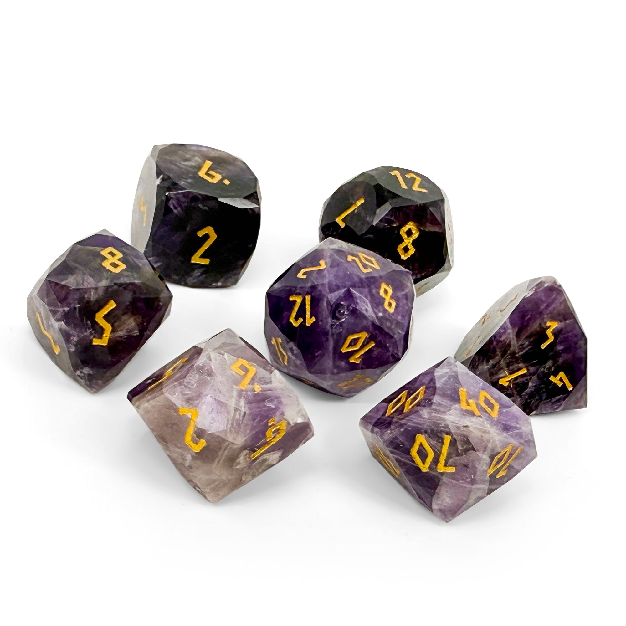 Amethyst w/ Gold Font - 7 Piece RPG Set Gemstone Wondrous Cut Dice-Gemstone Dice-Norse Foundry-Gemstone Dice-Dungeons & Dragons Dice-Gem Dice-DnD Dice-Gaming Dice-Perfect for Tabletop RPGs-Dice Set
