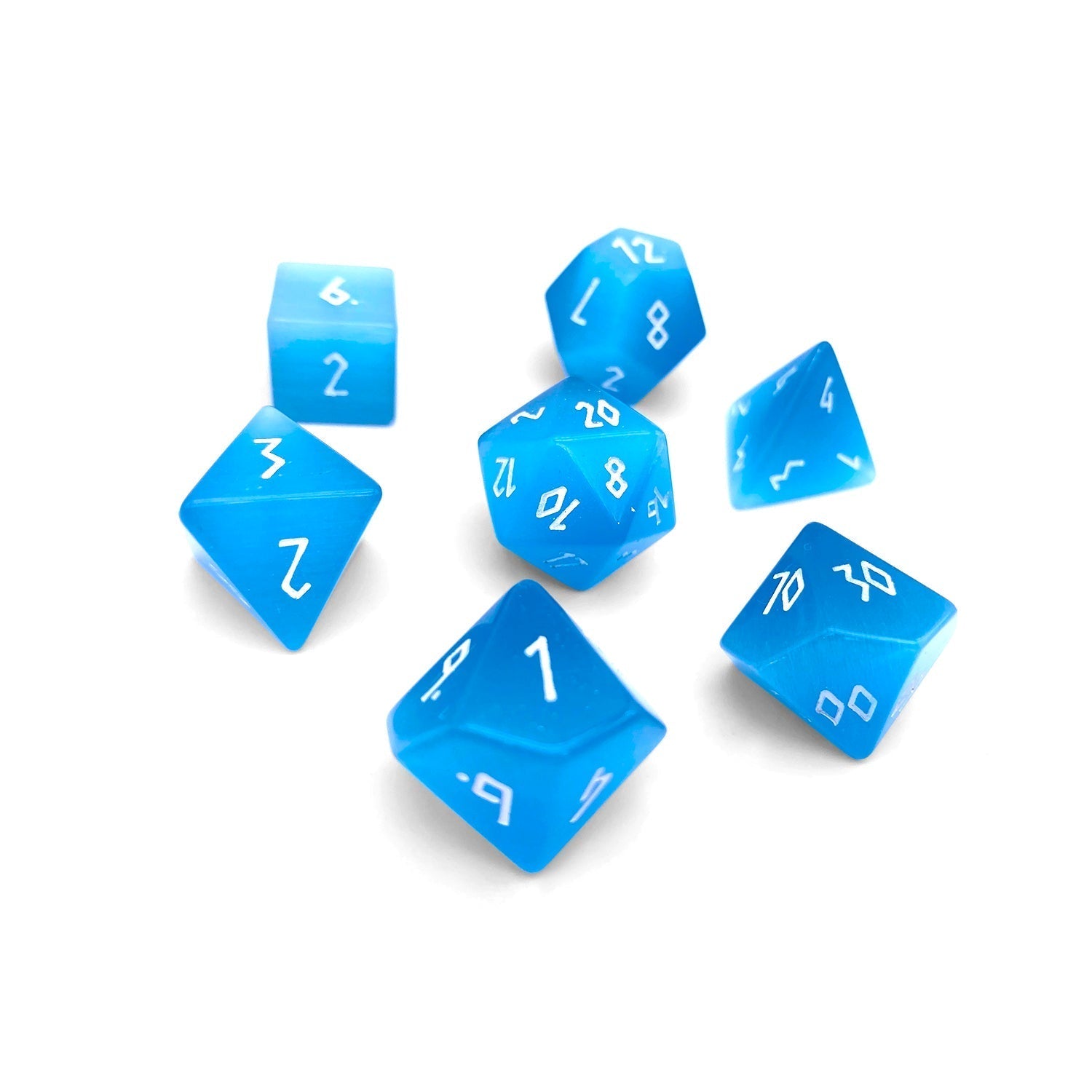 Aquamarine Cats Eye - 7 Piece RPG Set Glass Dice-Glass Dice-Norse Foundry-Norse Foundry-cat's eye glass dice-dungeons & dragons-d&d dice set-rpg dice set-glass dice set-d&d-perfect for tabletop rpgs