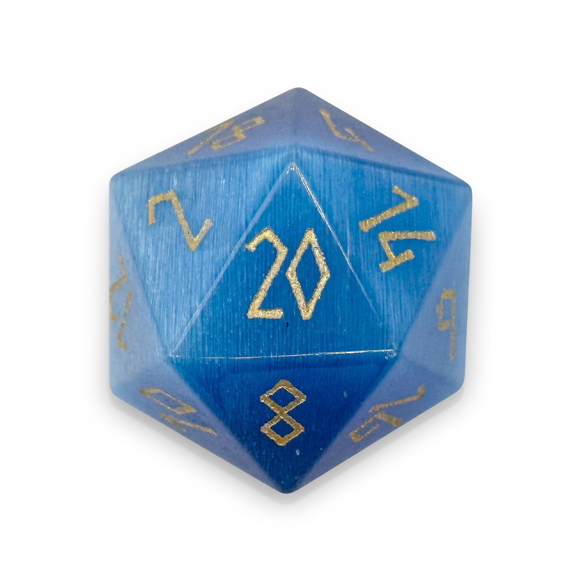 Aquamarine Cats Eye - Gold Font Boulder® 30mm Glass Dice-Glass Dice-Norse Foundry-Norse Foundry-dungeons & dragons-d&d dice-rpg dice-d20-glass dice-d&d-30mm-boulder-perfect for tabletop rpgs