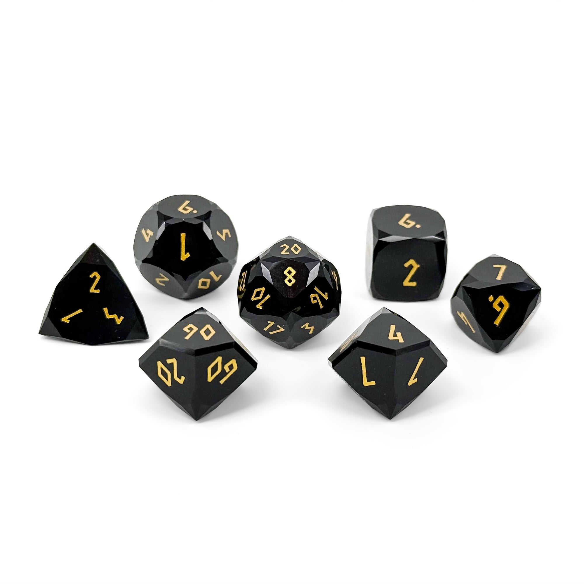 Black Obsidian w/ Gold Font - 7 Piece RPG Set Gemstone Wondrous Cut Dice-Gemstone Dice-Norse Foundry-Gemstone Dice-Dungeons & Dragons Dice-Gem Dice-DnD Dice-Gaming Dice-Perfect for Tabletop RPGs-Dice Set