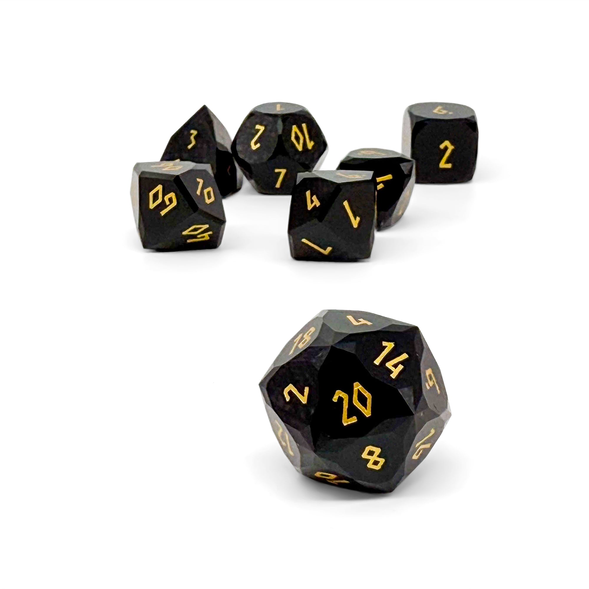 Black Obsidian w/ Gold Font - 7 Piece RPG Set Gemstone Wondrous Cut Dice-Gemstone Dice-Norse Foundry-Gemstone Dice-Dungeons & Dragons Dice-Gem Dice-DnD Dice-Gaming Dice-Perfect for Tabletop RPGs-Dice Set