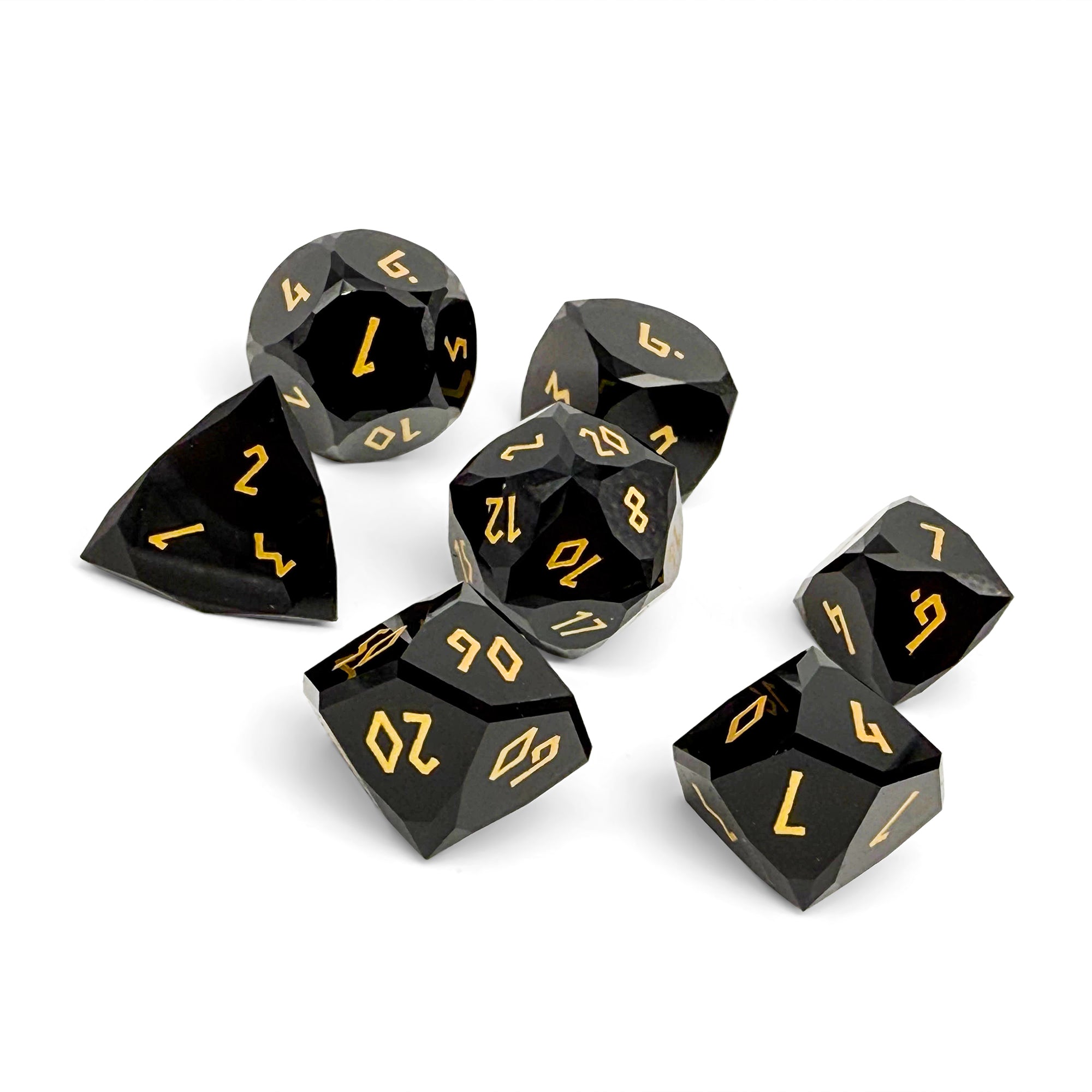 Black Obsidian w/ Gold Font - 7 Piece RPG Set Gemstone Wondrous Cut Dice-Gemstone Dice-Norse Foundry-Gemstone Dice-Dungeons & Dragons Dice-Gem Dice-DnD Dice-Gaming Dice-Perfect for Tabletop RPGs-Dice Set
