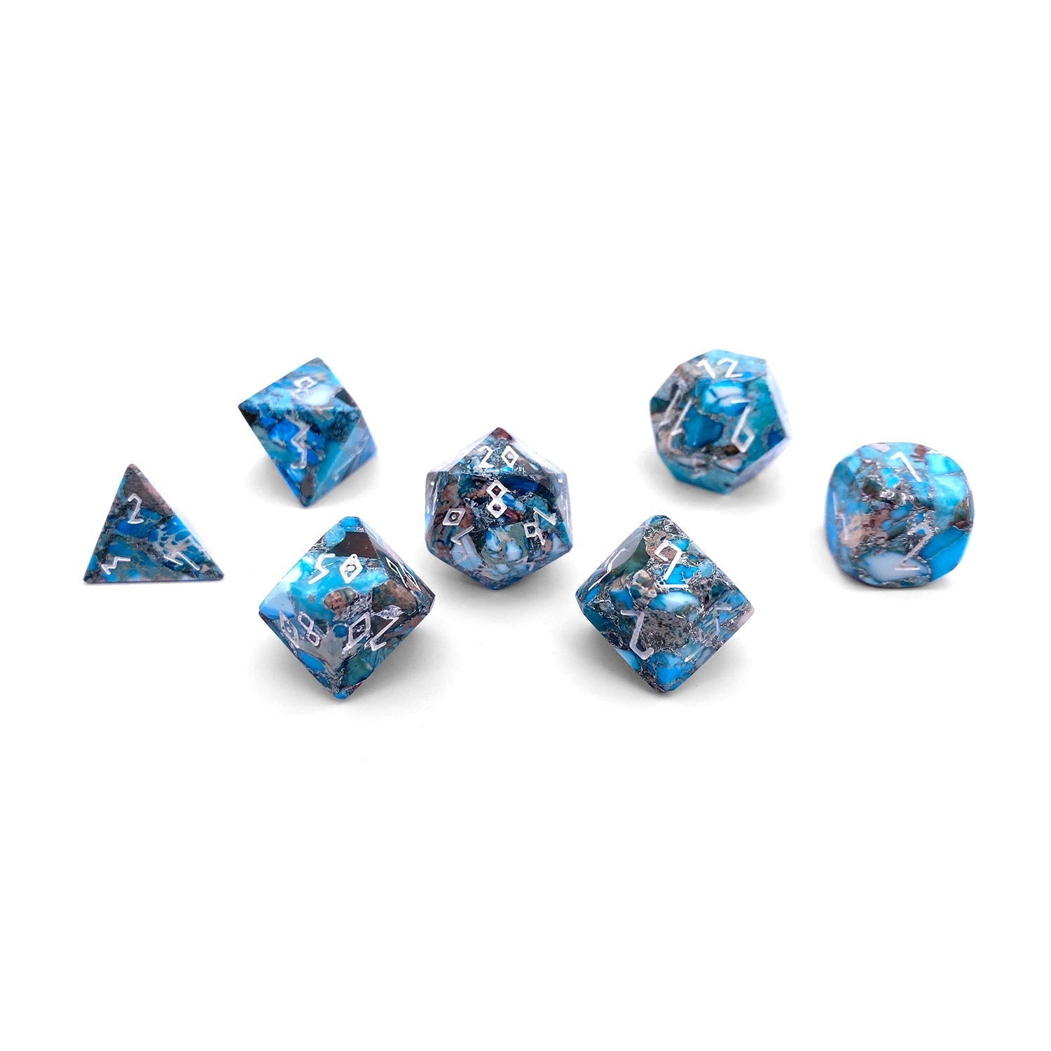 Blue Howlite with Brass- 7 Piece RPG Set TruStone Dice-TruStone Dice-Norse Foundry-Gemstone Dice-Dungeons & Dragons Dice-Gem Dice-DnD Dice-Gaming Dice-Perfect for Tabletop RPGs-Dice Set