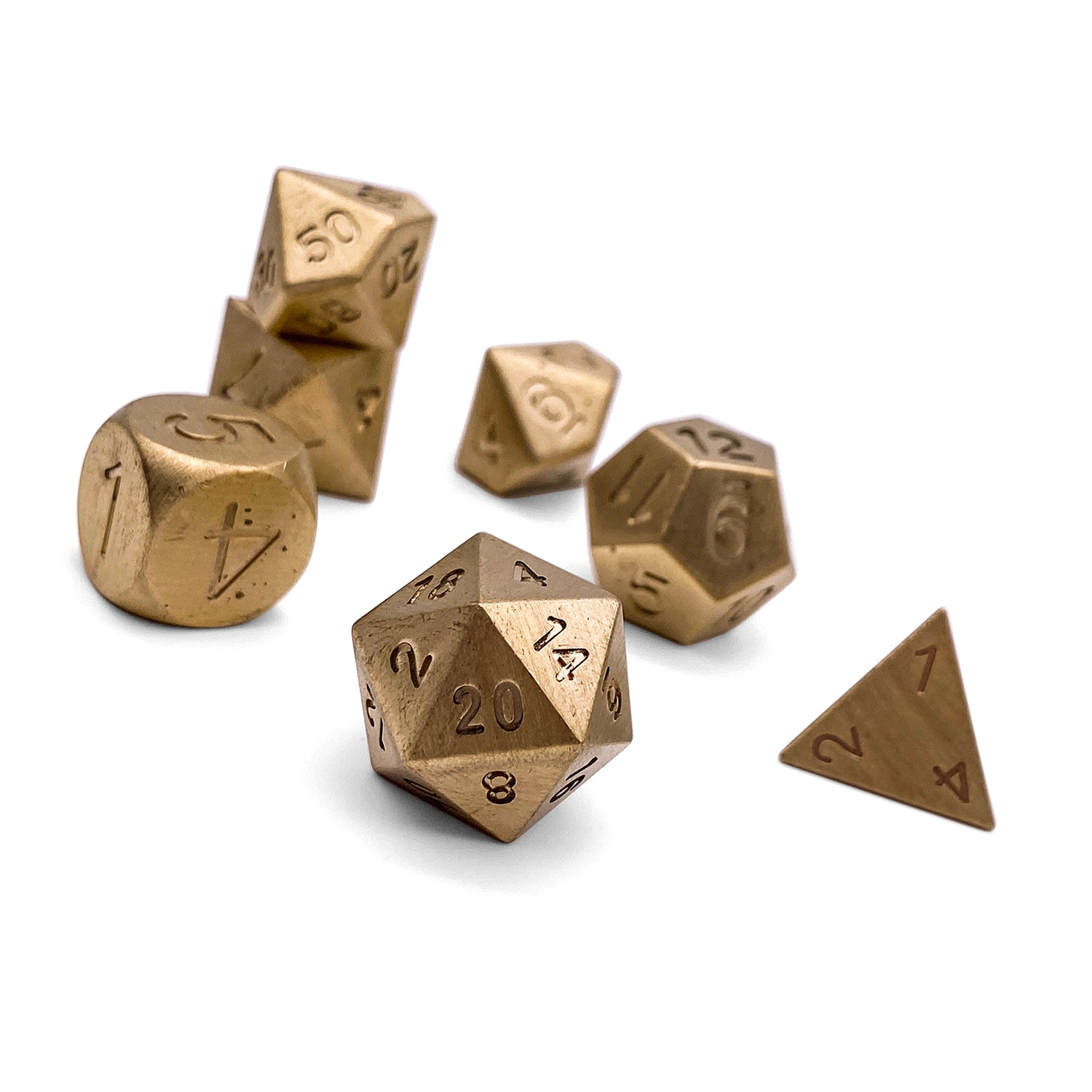 Brass - 7 Piece RPG Set True Metal Dice-Metal Dice-Norse Foundry-Norse Foundry-dungeons & dragons-d&d dice set-rpg dice set-metal dice set-d&d-luxury dice-perfect for tabletop rpgs