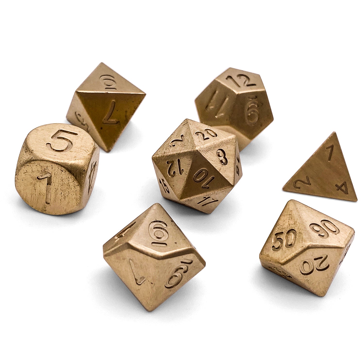 Brass - 7 Piece RPG Set True Metal Dice-Metal Dice-Norse Foundry-Norse Foundry-dungeons & dragons-d&d dice set-rpg dice set-metal dice set-d&d-luxury dice-perfect for tabletop rpgs