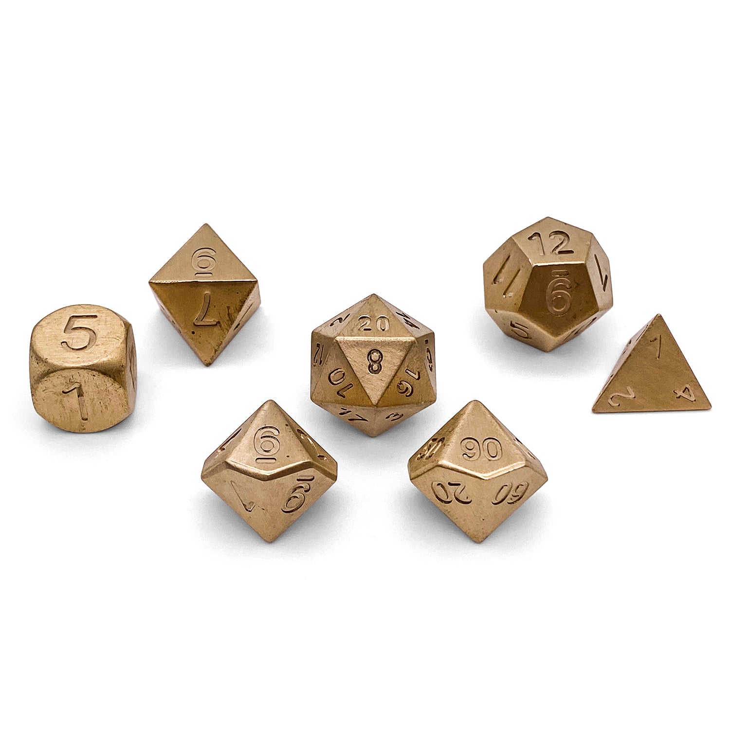 Brass - 7 Piece RPG Set True Metal Dice-Metal Dice-Norse Foundry-Norse Foundry-dungeons & dragons-d&d dice set-rpg dice set-metal dice set-d&d-luxury dice-perfect for tabletop rpgs