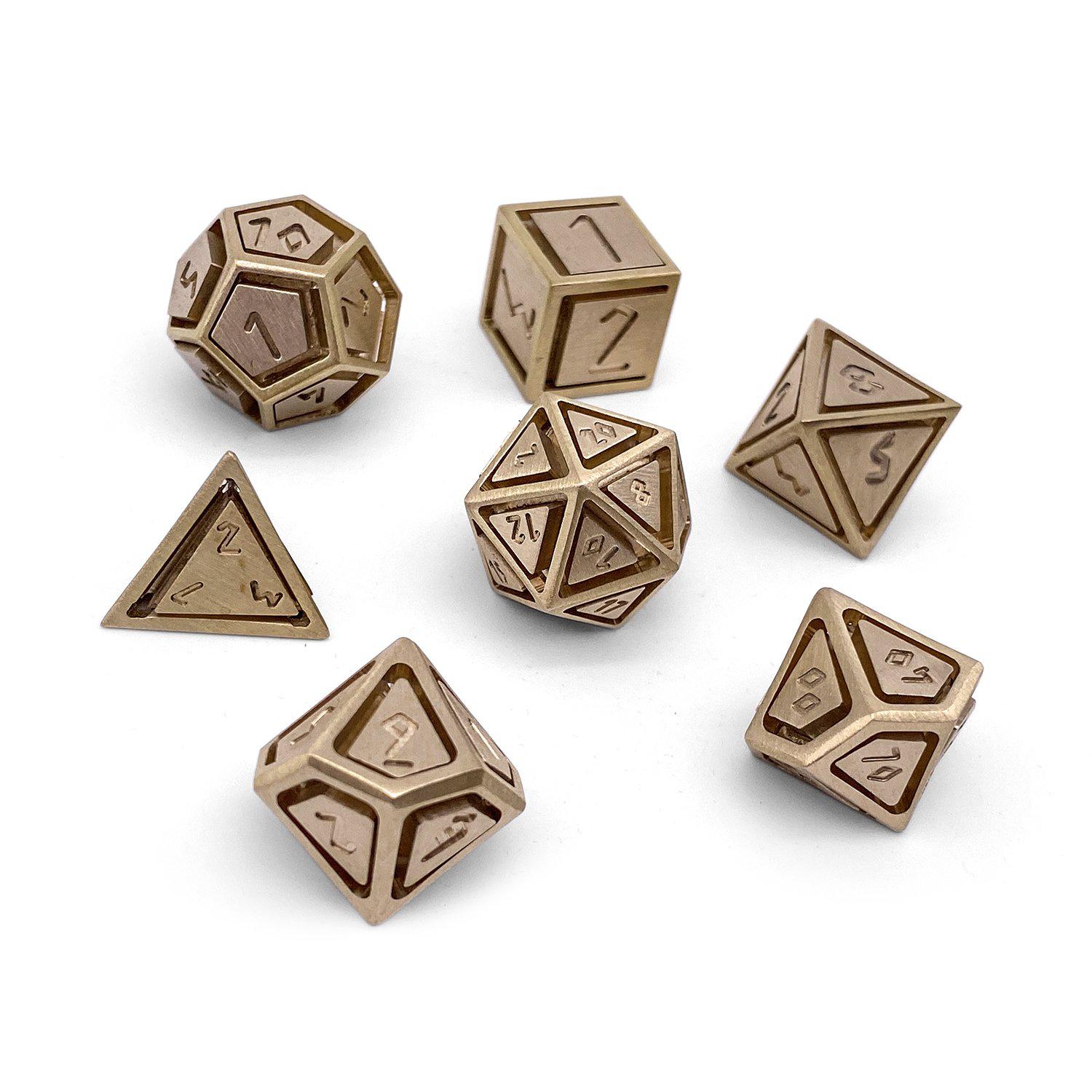 Brass - Nimbus™ 7 Piece RPG Set True Metal Dice-Metal Dice-Norse Foundry-Norse Foundry-dungeons & dragons-d&d dice set-rpg dice set-metal dice set-d&d-luxury dice-perfect for tabletop rpgs