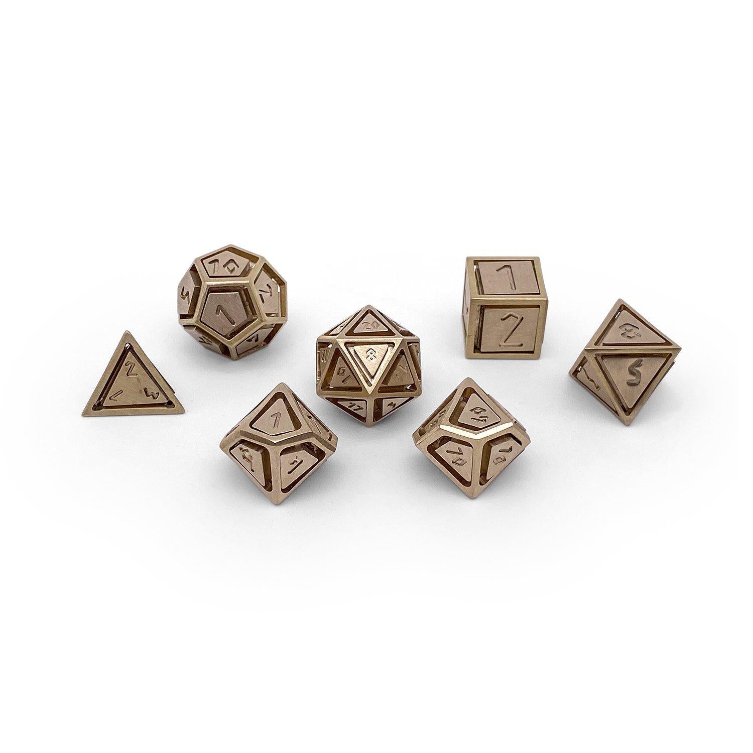 Brass - Nimbus™ 7 Piece RPG Set True Metal Dice-Metal Dice-Norse Foundry-Norse Foundry-dungeons & dragons-d&d dice set-rpg dice set-metal dice set-d&d-luxury dice-perfect for tabletop rpgs
