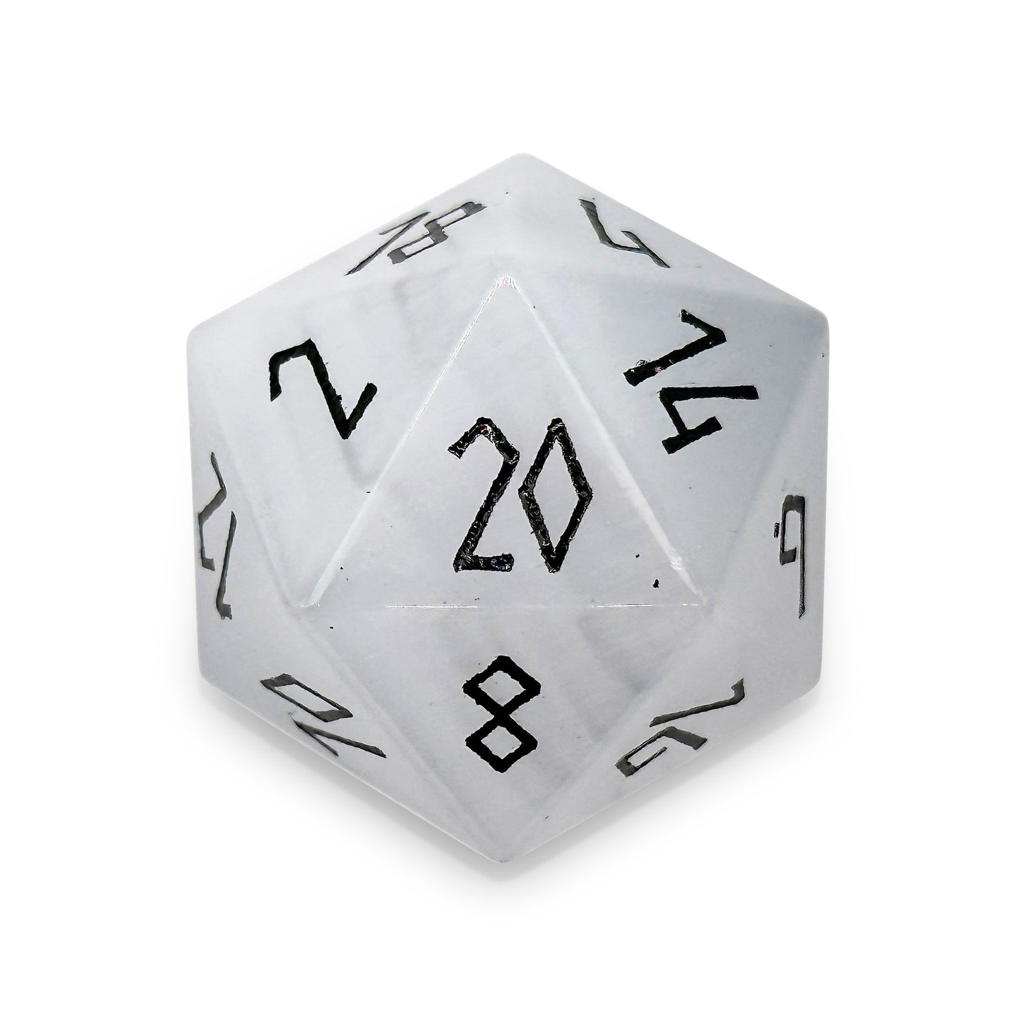 Clear Cats Eye - Black Font Boulder® 30mm Glass Dice-Glass Dice-Norse Foundry-Norse Foundry-dungeons & dragons-d&d dice-rpg dice-d20-glass dice-d&d-30mm-boulder-perfect for tabletop rpgs