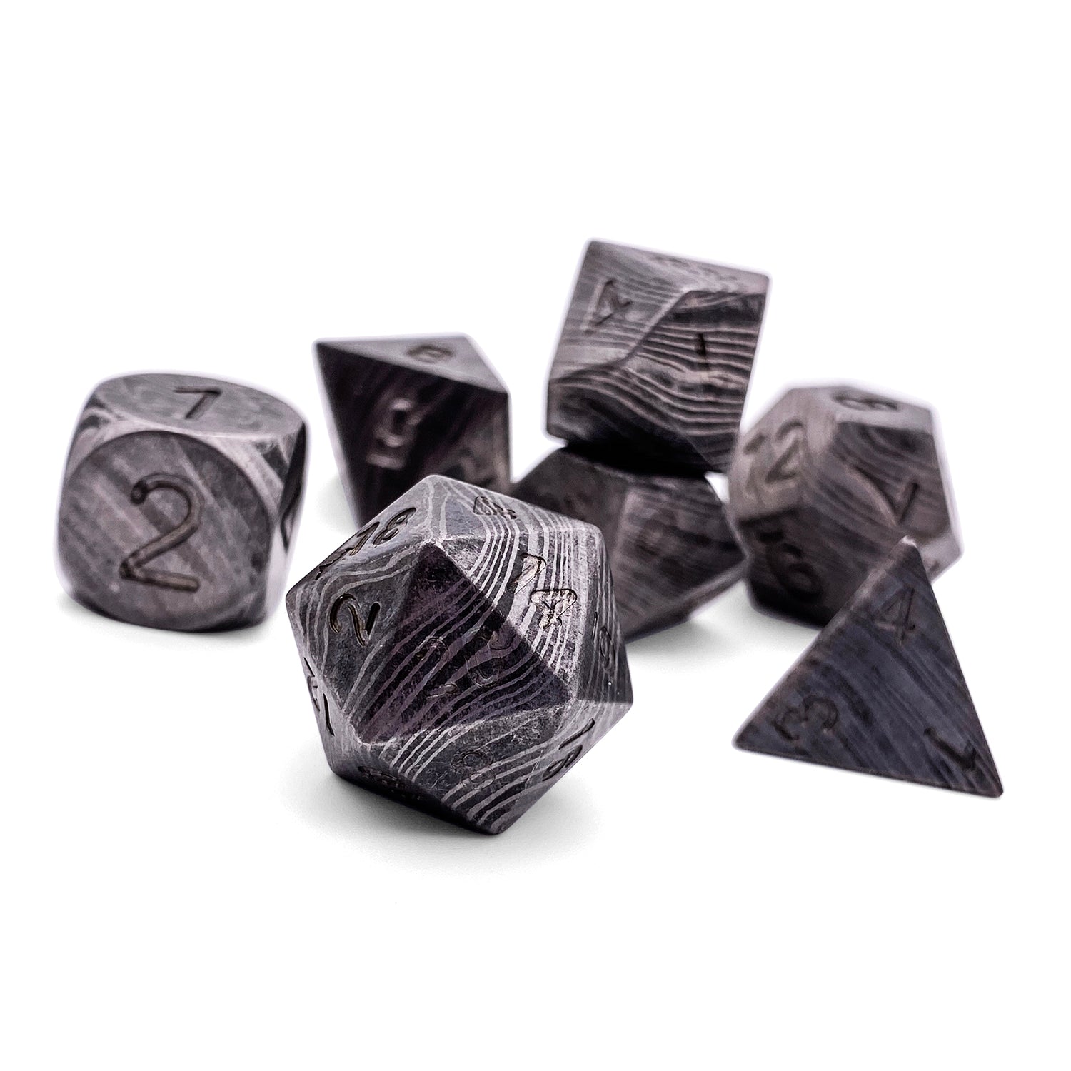 Damascus Steel - 7 Piece RPG Set True Metal Dice-Metal Dice-Norse Foundry-Norse Foundry-dungeons & dragons-d&d dice set-rpg dice set-metal dice set-d&d-luxury dice-perfect for tabletop rpgs