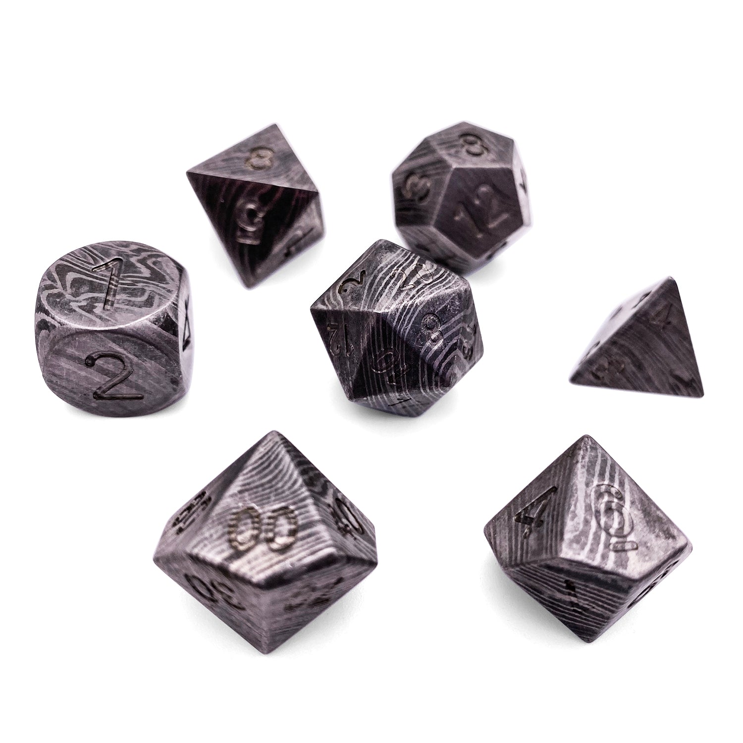 Damascus Steel - 7 Piece RPG Set True Metal Dice-Metal Dice-Norse Foundry-Norse Foundry-dungeons & dragons-d&d dice set-rpg dice set-metal dice set-d&d-luxury dice-perfect for tabletop rpgs