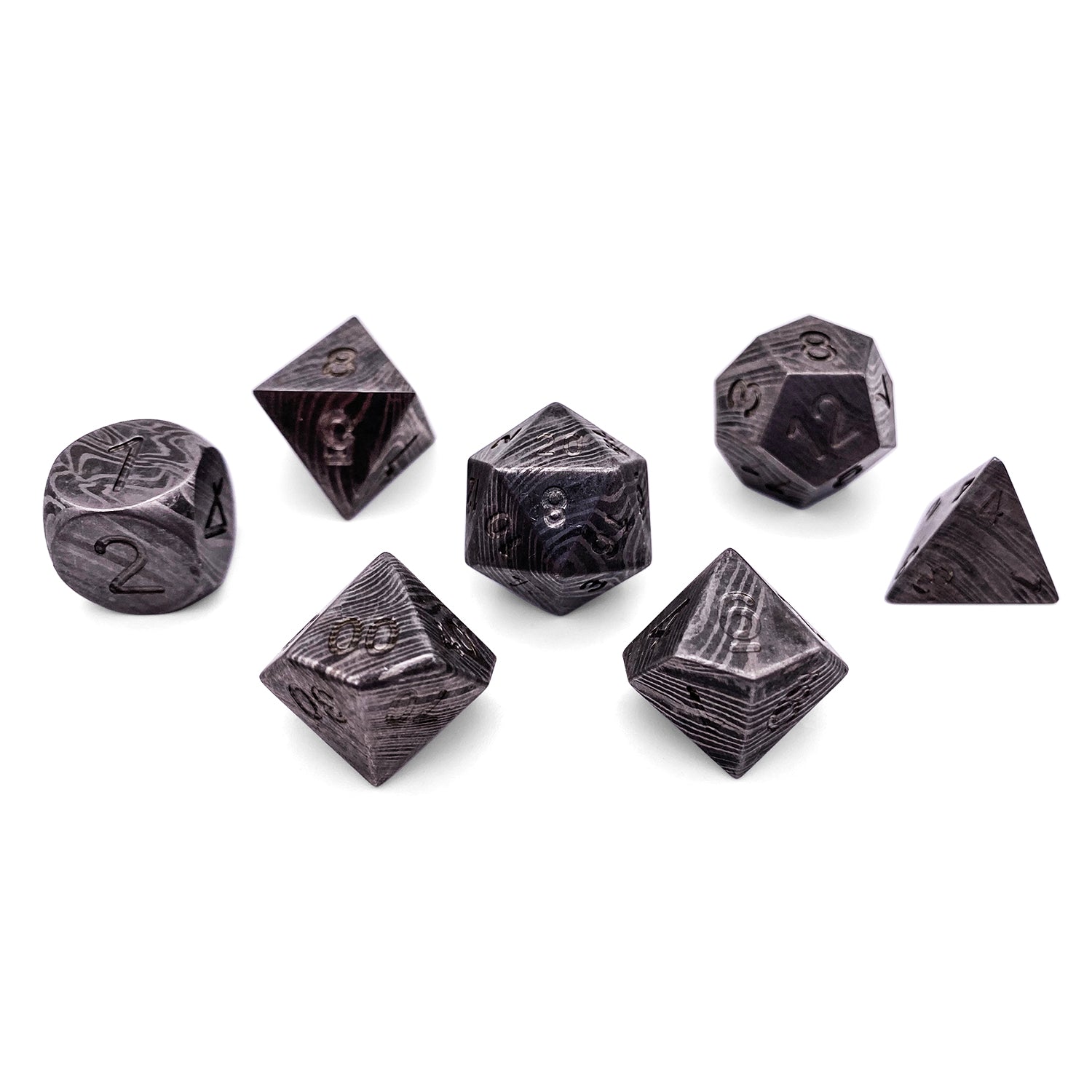 Damascus Steel - 7 Piece RPG Set True Metal Dice-Metal Dice-Norse Foundry-Norse Foundry-dungeons & dragons-d&d dice set-rpg dice set-metal dice set-d&d-luxury dice-perfect for tabletop rpgs