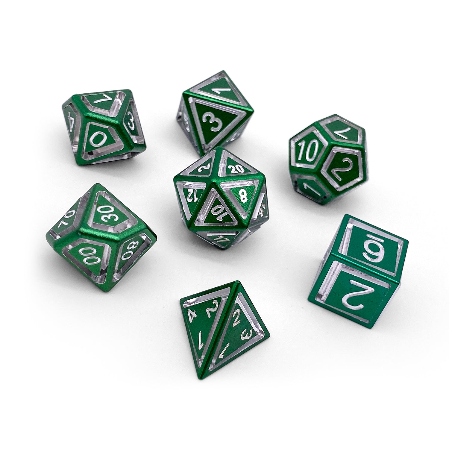 Druid Green - Nimbus™ 7 Piece RPG Set 6063 Aluminum Dice-Nimbus Dice-Norse Foundry-Norse Foundry-aluminum dice-dungeons & dragons-d&d dice set-rpg dice set-aluminum d&d dice set-d&d-lightweight-perfect for tabletop rpgs