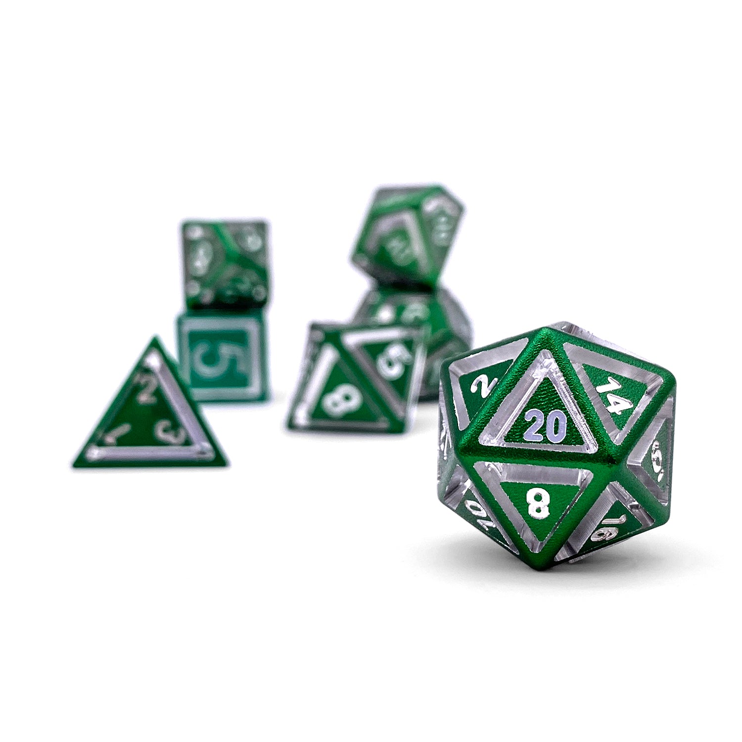 Druid Green - Nimbus™ 7 Piece RPG Set 6063 Aluminum Dice-Nimbus Dice-Norse Foundry-Norse Foundry-aluminum dice-dungeons & dragons-d&d dice set-rpg dice set-aluminum d&d dice set-d&d-lightweight-perfect for tabletop rpgs