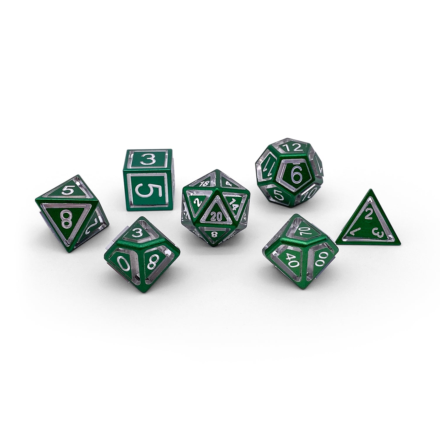 Druid Green - Nimbus™ 7 Piece RPG Set 6063 Aluminum Dice-Nimbus Dice-Norse Foundry-Norse Foundry-aluminum dice-dungeons & dragons-d&d dice set-rpg dice set-aluminum d&d dice set-d&d-lightweight-perfect for tabletop rpgs