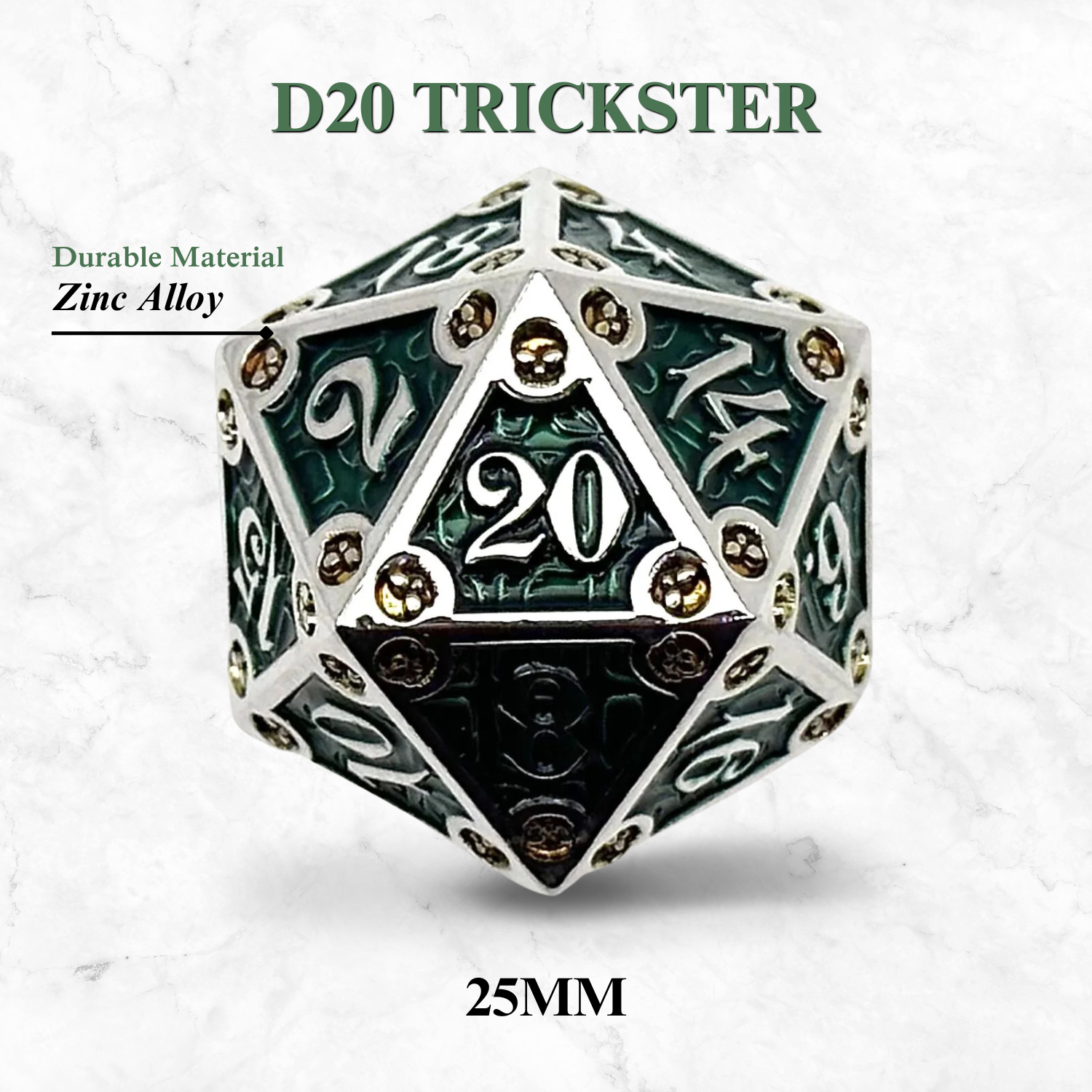 Dungeon Delve Runestones™ - 25mm D20 - Trickster-Zinc Alloy Dice-Norse Foundry-Norse Foundry-dungeons & dragons-d&d dice-rpg dice-d20-metal dice-d&d-25mm-perfect for tabletop rpgs
