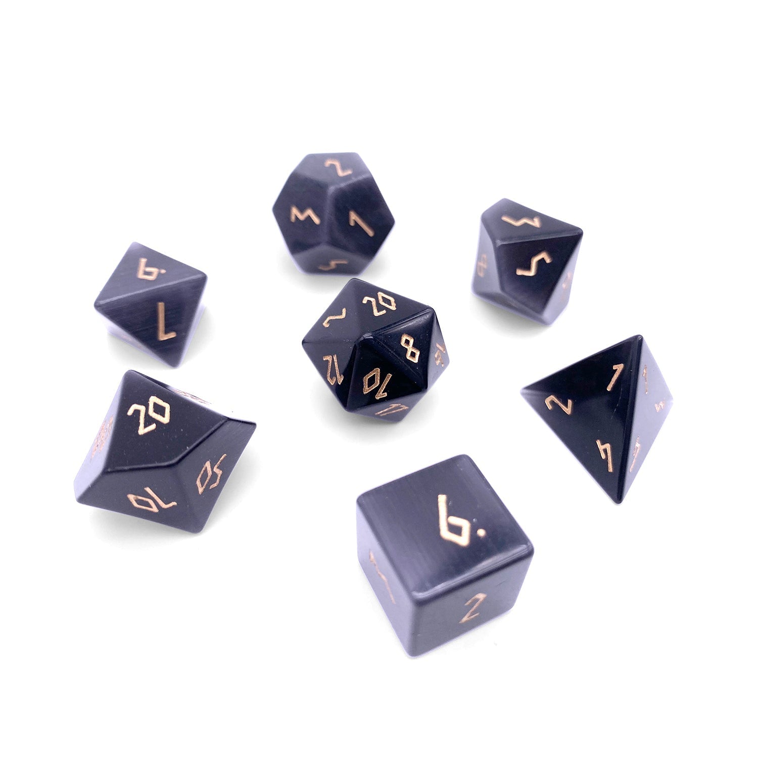 Ebony Cats Eye - 7 Piece RPG Set Glass Dice-Glass Dice-Norse Foundry-Norse Foundry-cat's eye glass dice-dungeons & dragons-d&d dice set-rpg dice set-glass dice set-d&d-perfect for tabletop rpgs