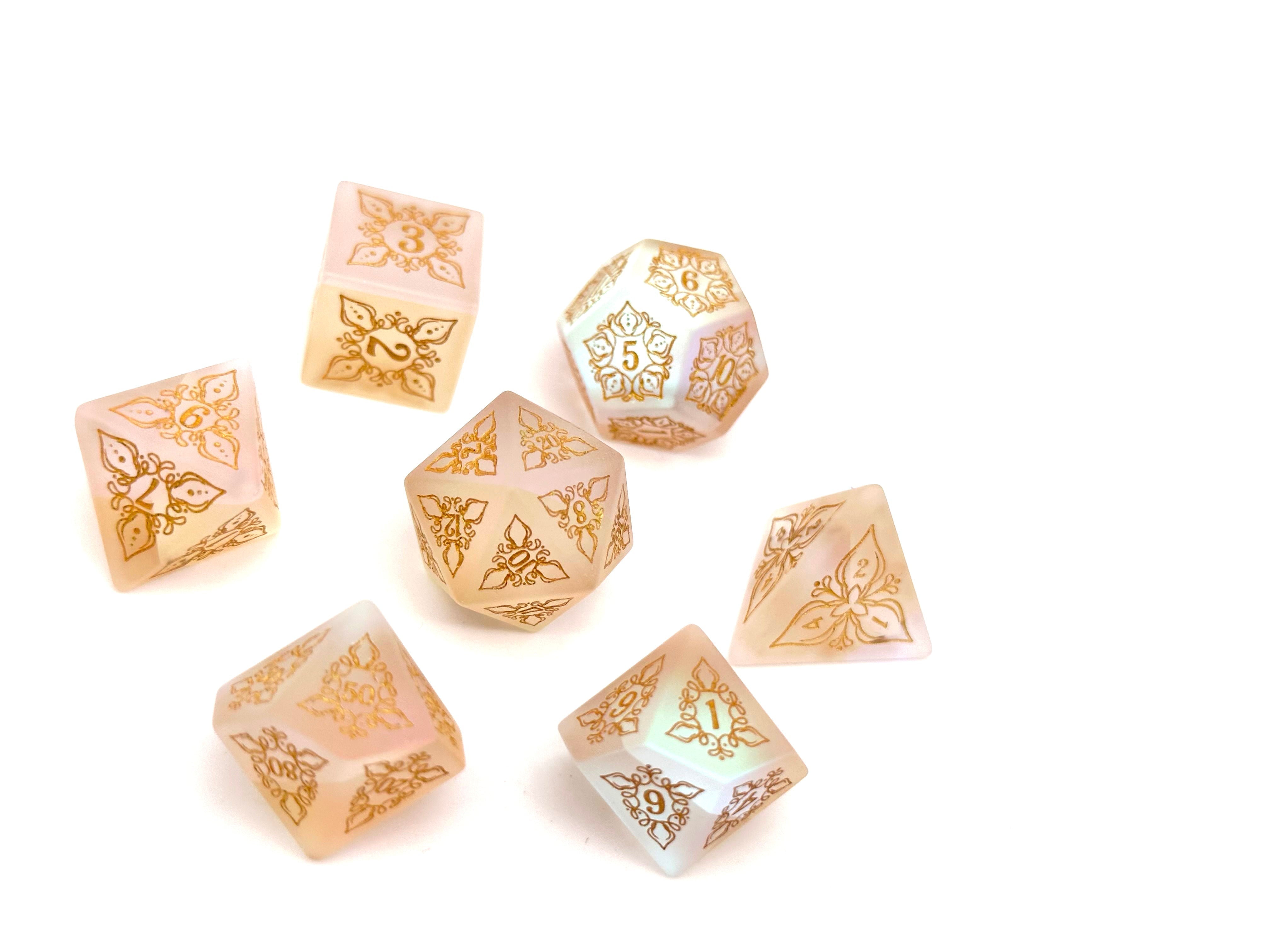 Feyweave - Frosted K9 with Gold Font-Norse Foundry-Norse Foundry-glass dice-dungeons & dragons-d&d dice set-rpg dice set-glass dice set-d&d-perfect for tabletop rpgs