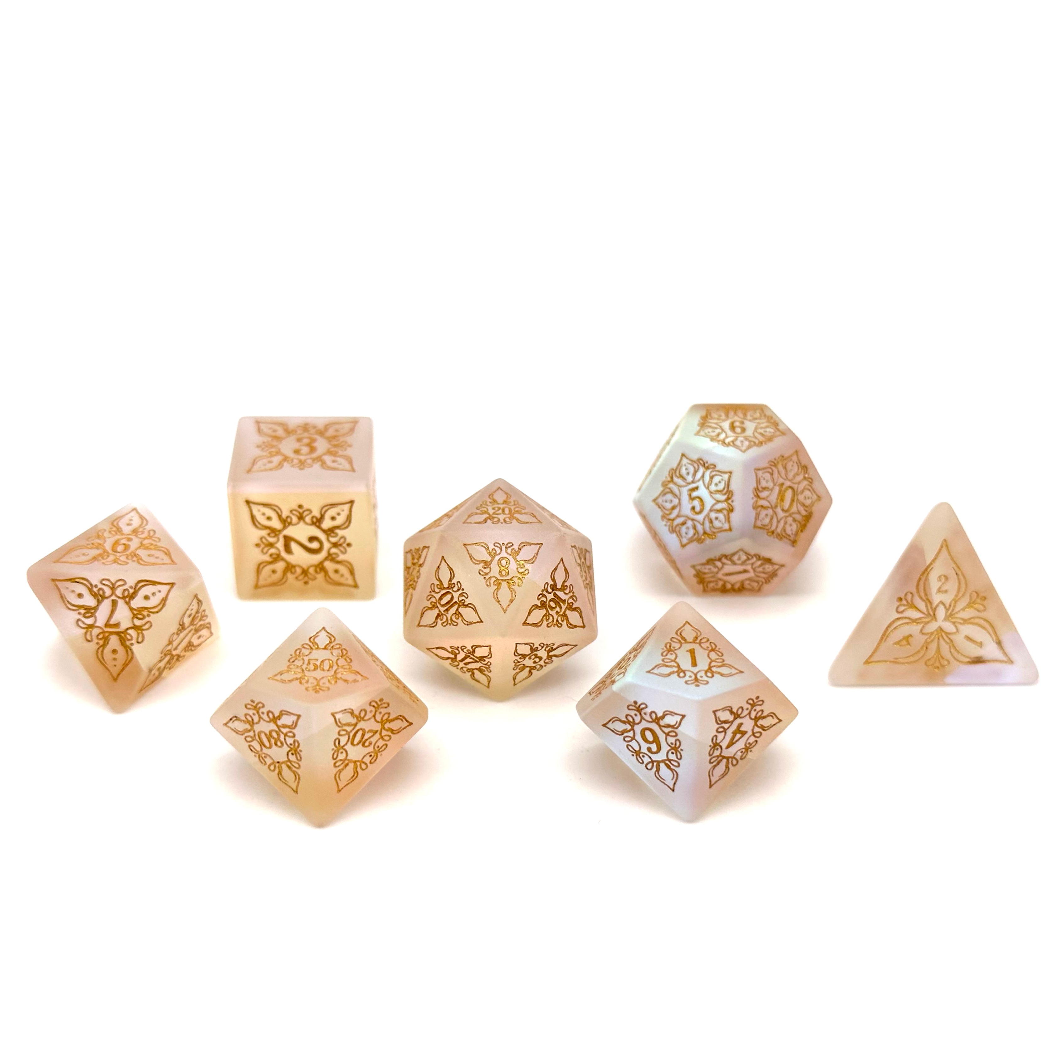 Feyweave - Frosted K9 with Gold Font-Norse Foundry-Norse Foundry-glass dice-dungeons & dragons-d&d dice set-rpg dice set-glass dice set-d&d-perfect for tabletop rpgs