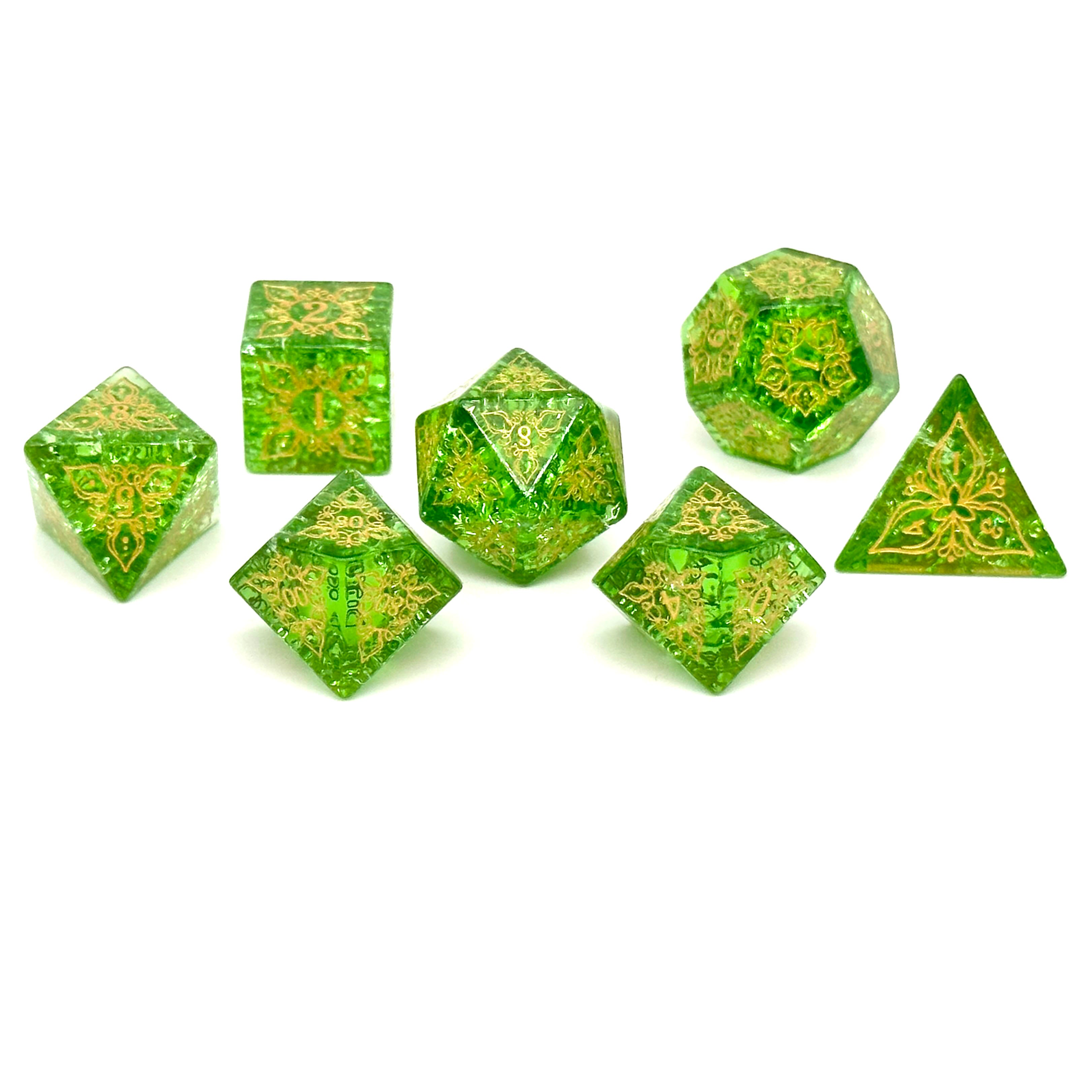 Feyweave - Shattered Zircon Emerald-Norse Foundry-Norse Foundry-glass dice-dungeons & dragons-d&d dice set-rpg dice set-glass dice set-d&d-perfect for tabletop rpgs