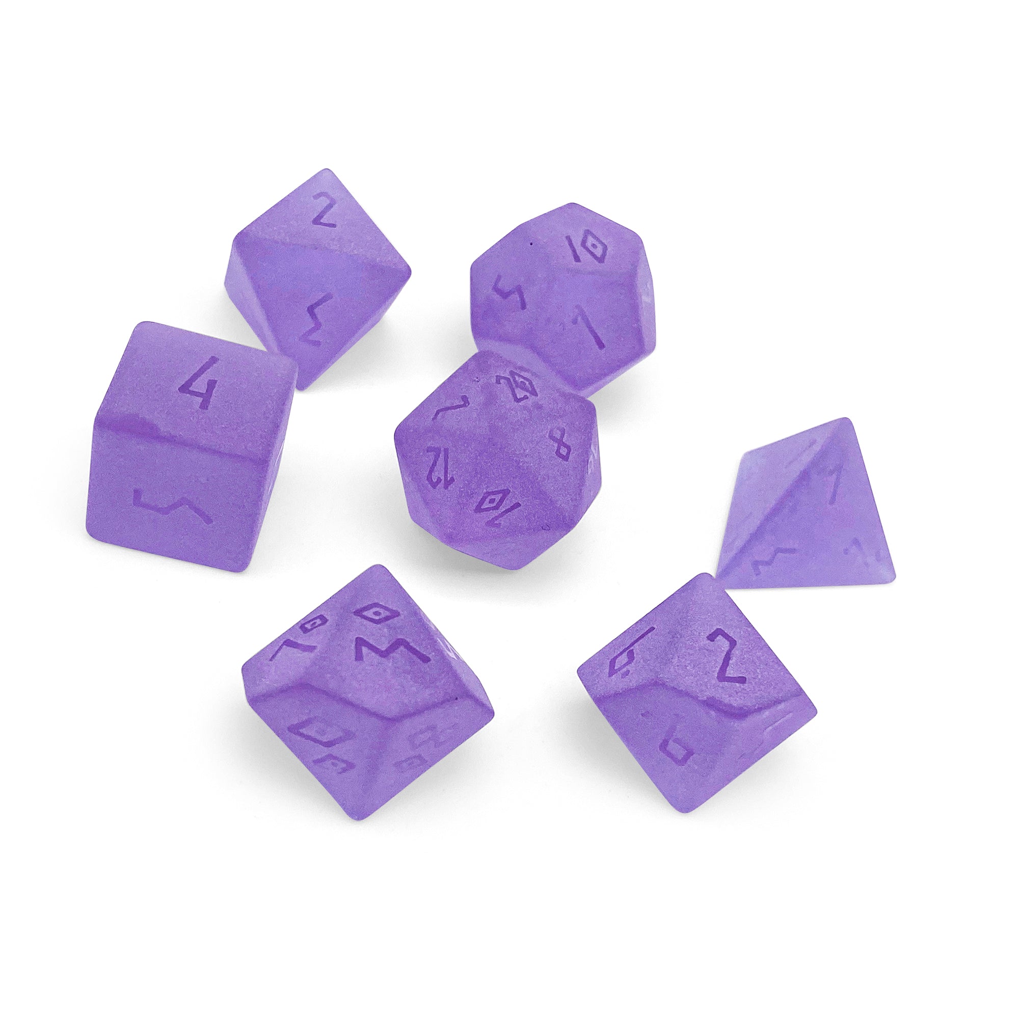 Frosted Amethyst - Raised 7 Piece RPG Set Zircon Glass Dice-Glass Dice-Norse Foundry-Norse Foundry-zircon glass dice-dungeons & dragons-d&d dice set-rpg dice set-glass dice set-d&d-perfect for tabletop rpgs