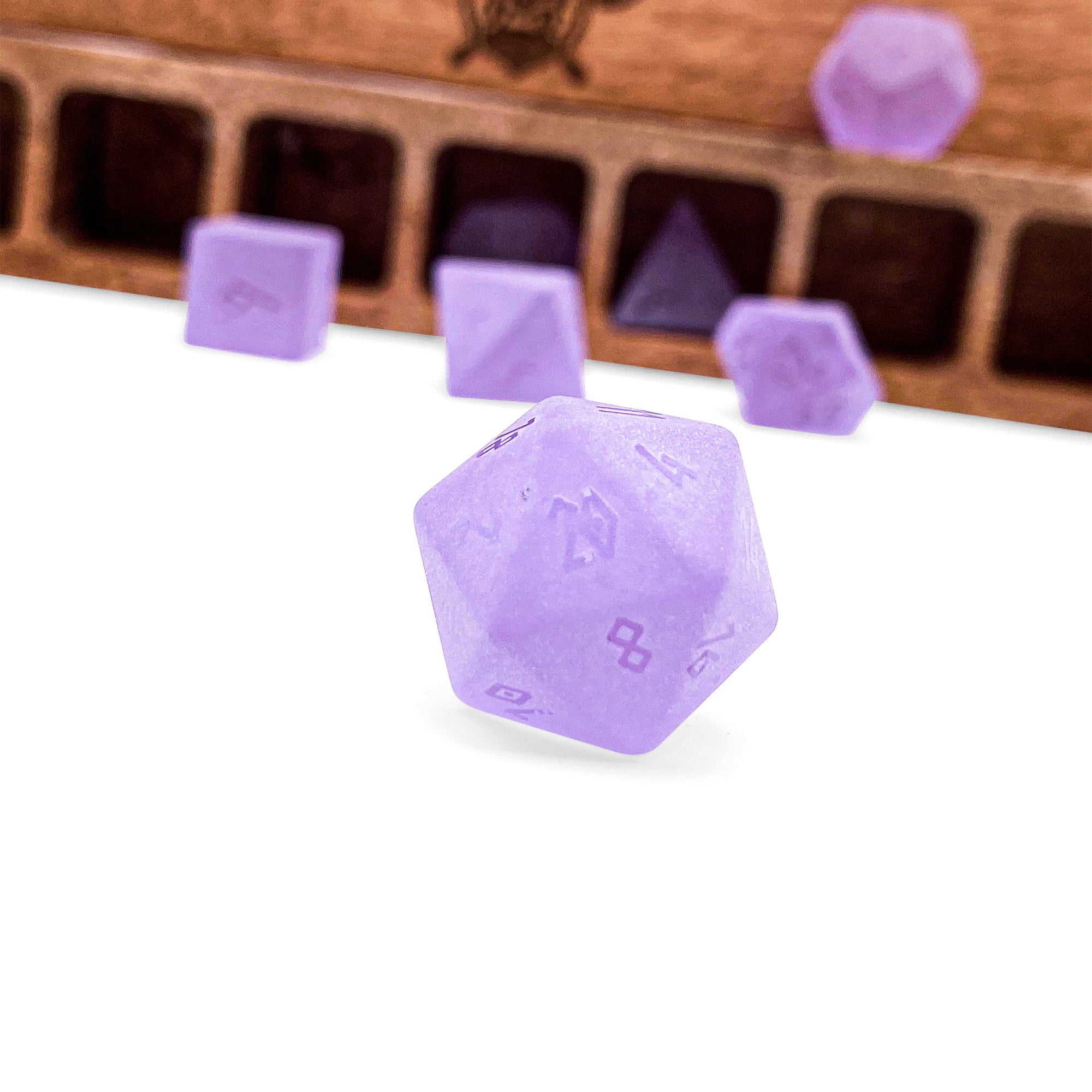 Frosted Amethyst - Raised 7 Piece RPG Set Zircon Glass Dice-Glass Dice-Norse Foundry-Norse Foundry-zircon glass dice-dungeons & dragons-d&d dice set-rpg dice set-glass dice set-d&d-perfect for tabletop rpgs