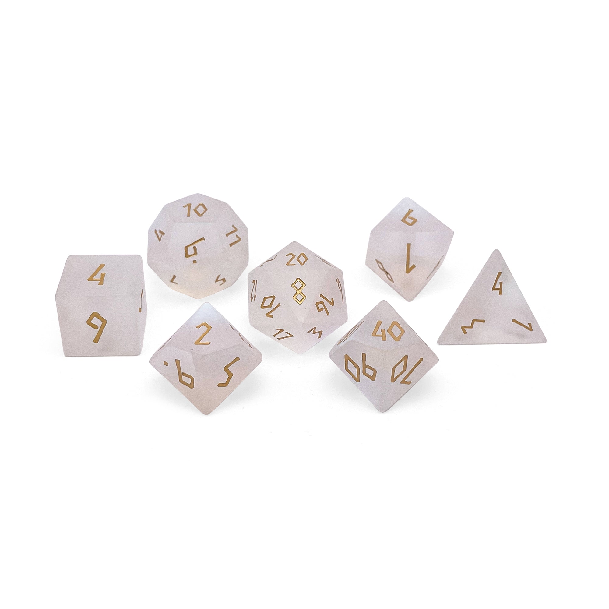 Frosted K9 Rainbow Glass - Gold Font 7 Piece RPG Set K9 Glass Dice-Glass Dice-Norse Foundry-Norse Foundry-k9 glass dice-dungeons & dragons-d&d dice set-rpg dice set-glass dice set-d&d-perfect for tabletop rpgs