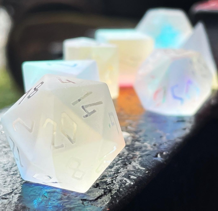 Frosted K9 Rainbow Glass - Raised 7 Piece RPG Set K9 Glass Dice-Glass Dice-Norse Foundry-Norse Foundry-k9 glass dice-dungeons & dragons-d&d dice set-rpg dice set-glass dice set-d&d-perfect for tabletop rpgs
