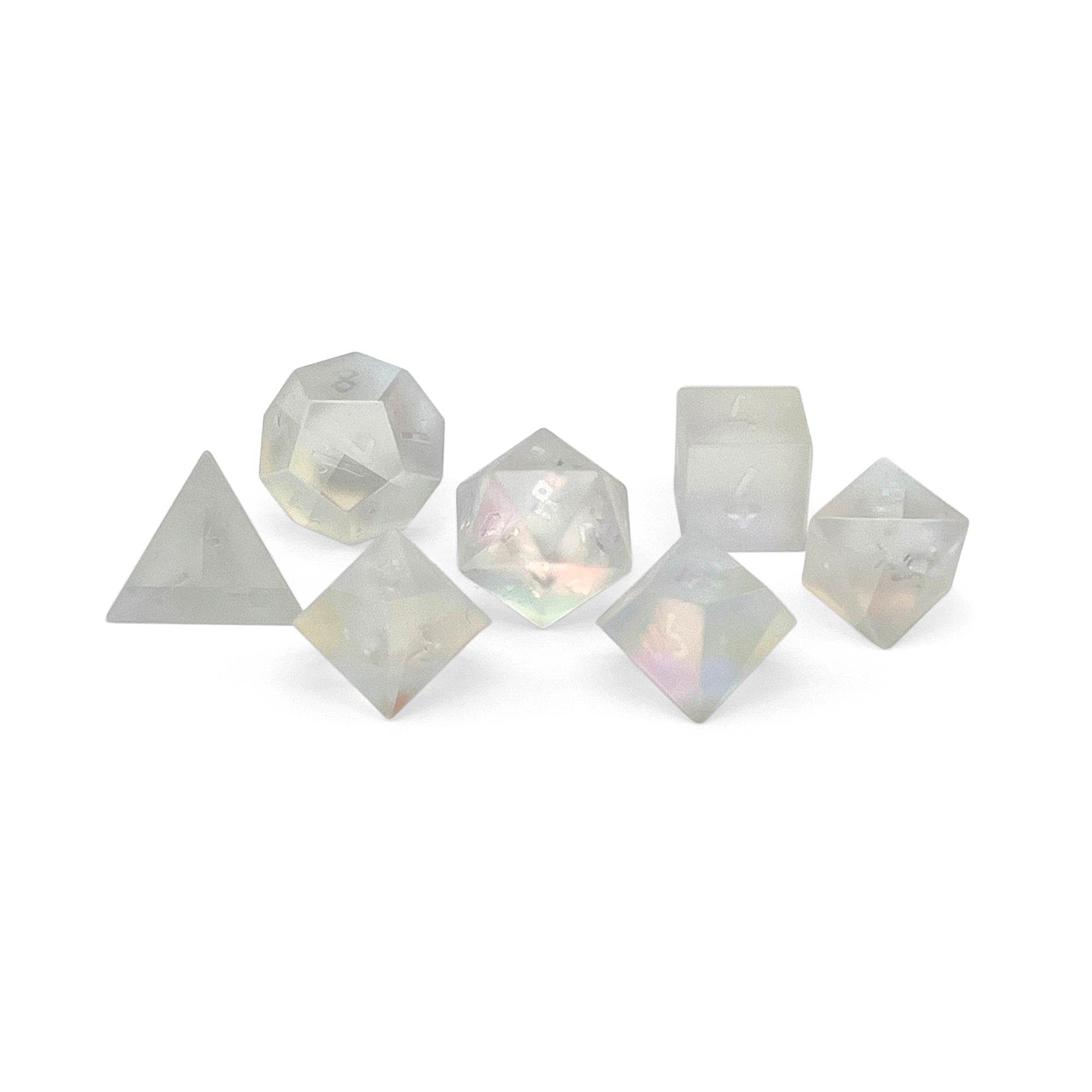 Frosted Shattered K9 Rainbow - Raised-Glass Dice-Norse Foundry-Norse Foundry-k9 glass dice-dungeons & dragons-d&d dice set-rpg dice set-glass dice set-d&d-perfect for tabletop rpgs