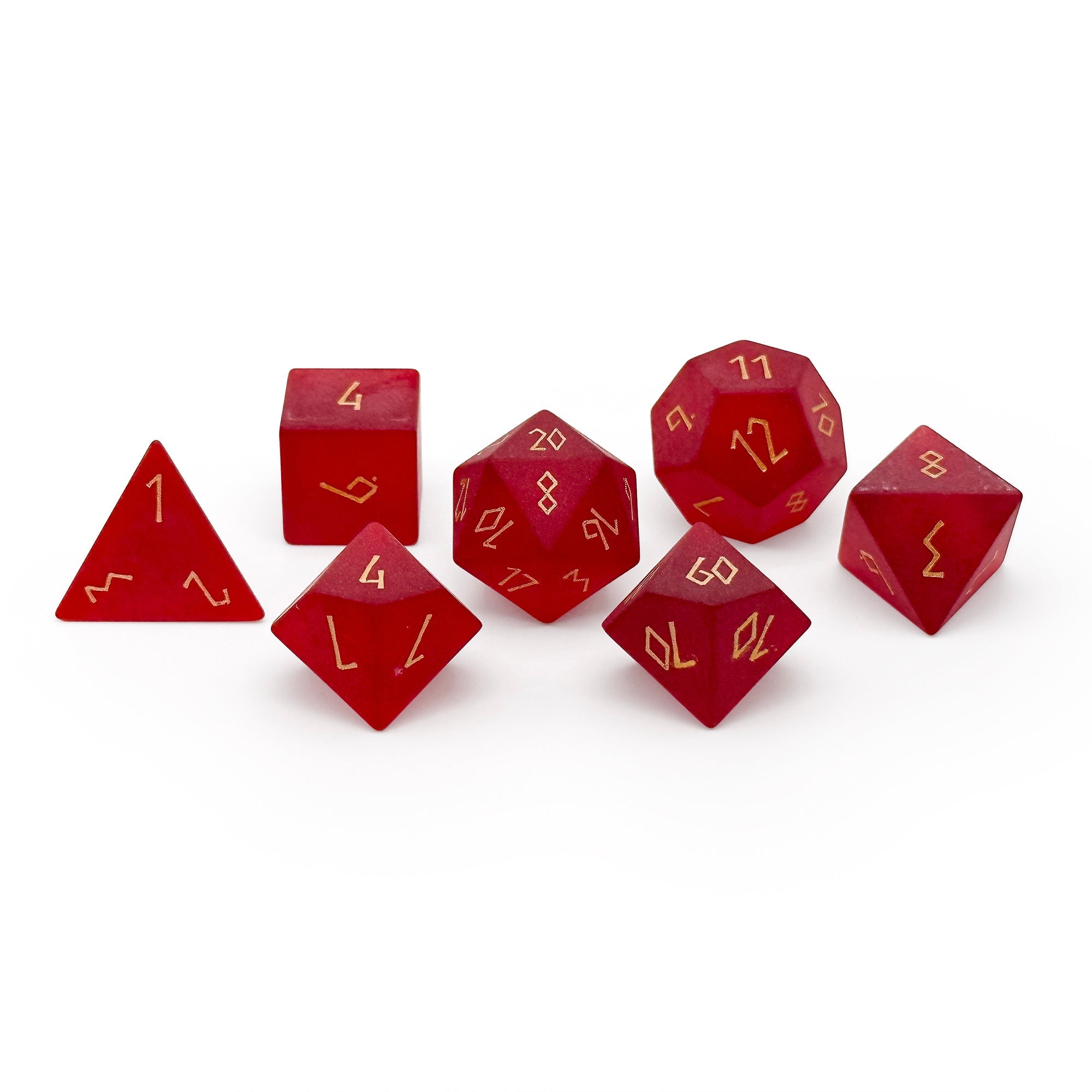 Frosted Zircon Garnet - Gold Font 7 Piece RPG Set Zircon Glass Dice-Glass Dice-Norse Foundry-Norse Foundry-zircon glass dice-dungeons & dragons-d&d dice set-rpg dice set-glass dice set-d&d-perfect for tabletop rpgs