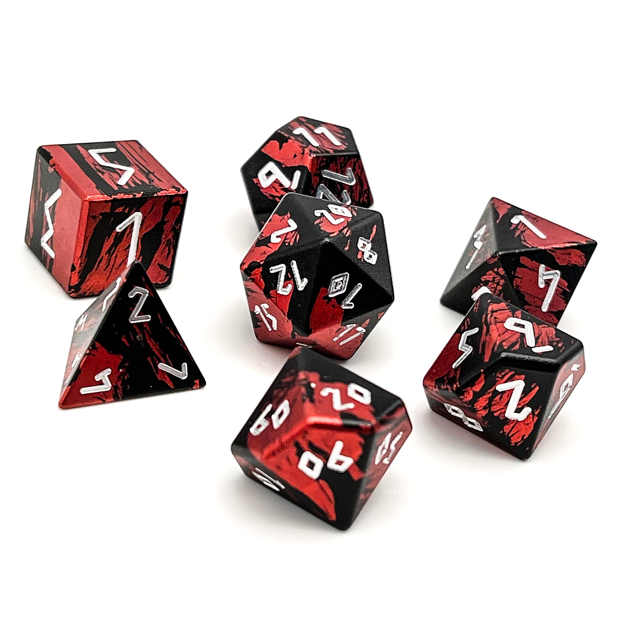 Hell's Fury - 7 Piece RPG Set 6063 Aluminum Layered Dice-Aluminum Dice-Norse Foundry-Norse Foundry-aluminum dice-dungeons & dragons-d&d dice set-rpg dice set-aluminum d&d dice set-d&d-lightweight-perfect for tabletop rpgs