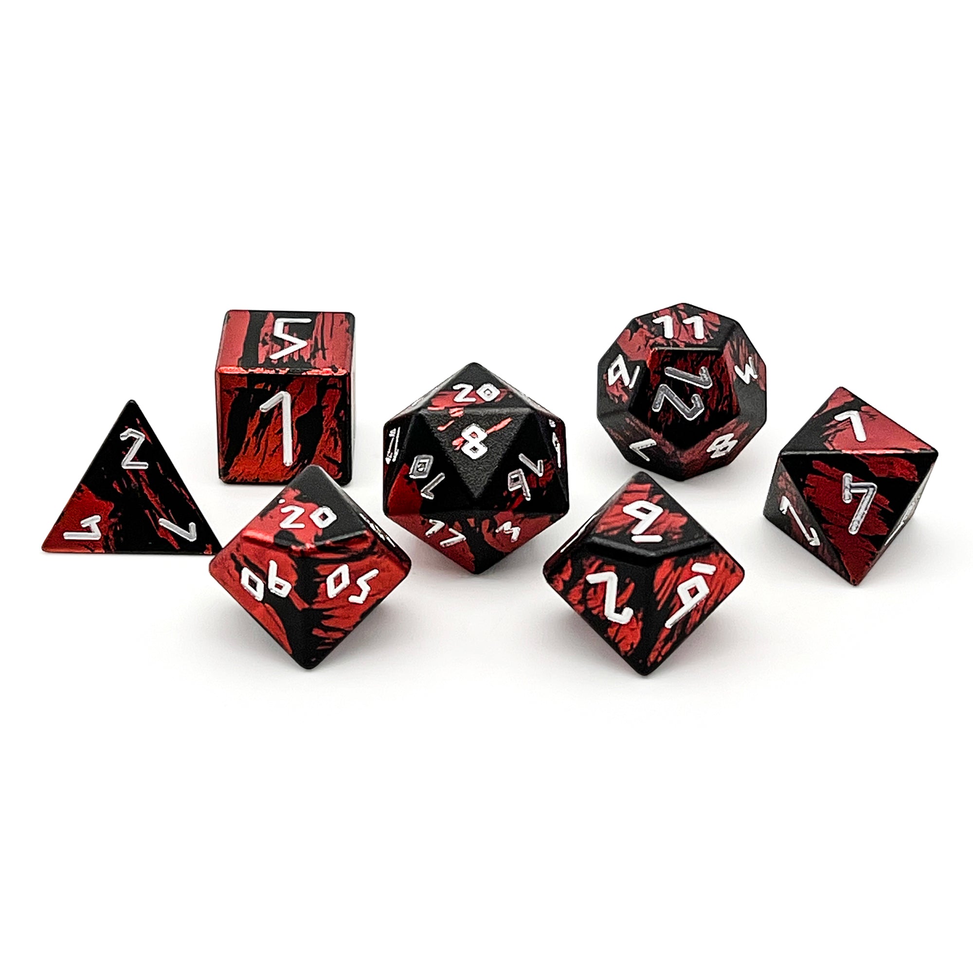 Hell's Fury - 7 Piece RPG Set 6063 Aluminum Layered Dice-Aluminum Dice-Norse Foundry-Norse Foundry-aluminum dice-dungeons & dragons-d&d dice set-rpg dice set-aluminum d&d dice set-d&d-lightweight-perfect for tabletop rpgs