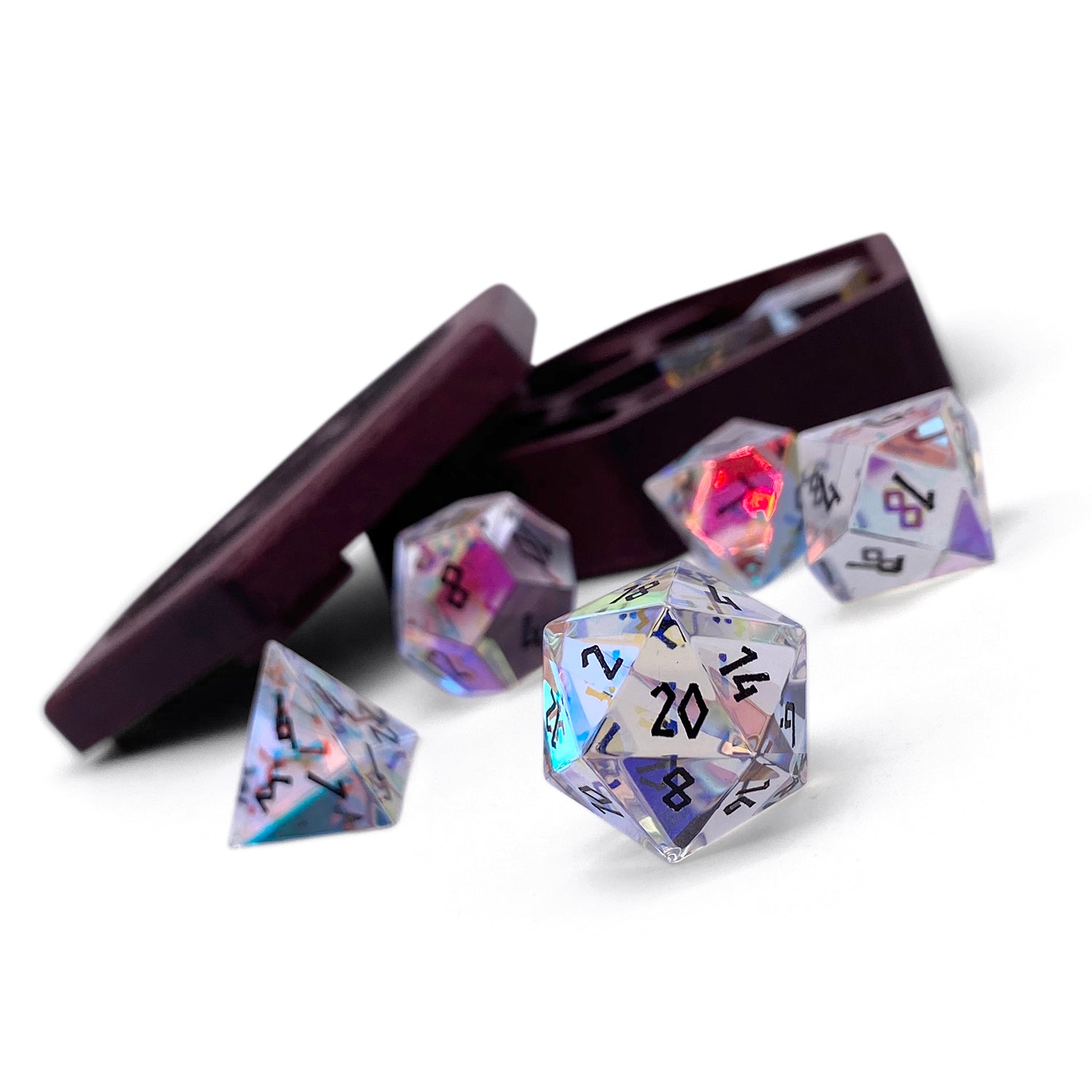 K9 Rainbow Glass - Black Font - 7 Piece RPG Set Glass Dice-Glass Dice-Norse Foundry-Norse Foundry-k9 glass dice-dungeons & dragons-d&d dice set-rpg dice set-glass dice set-d&d-perfect for tabletop rpgs