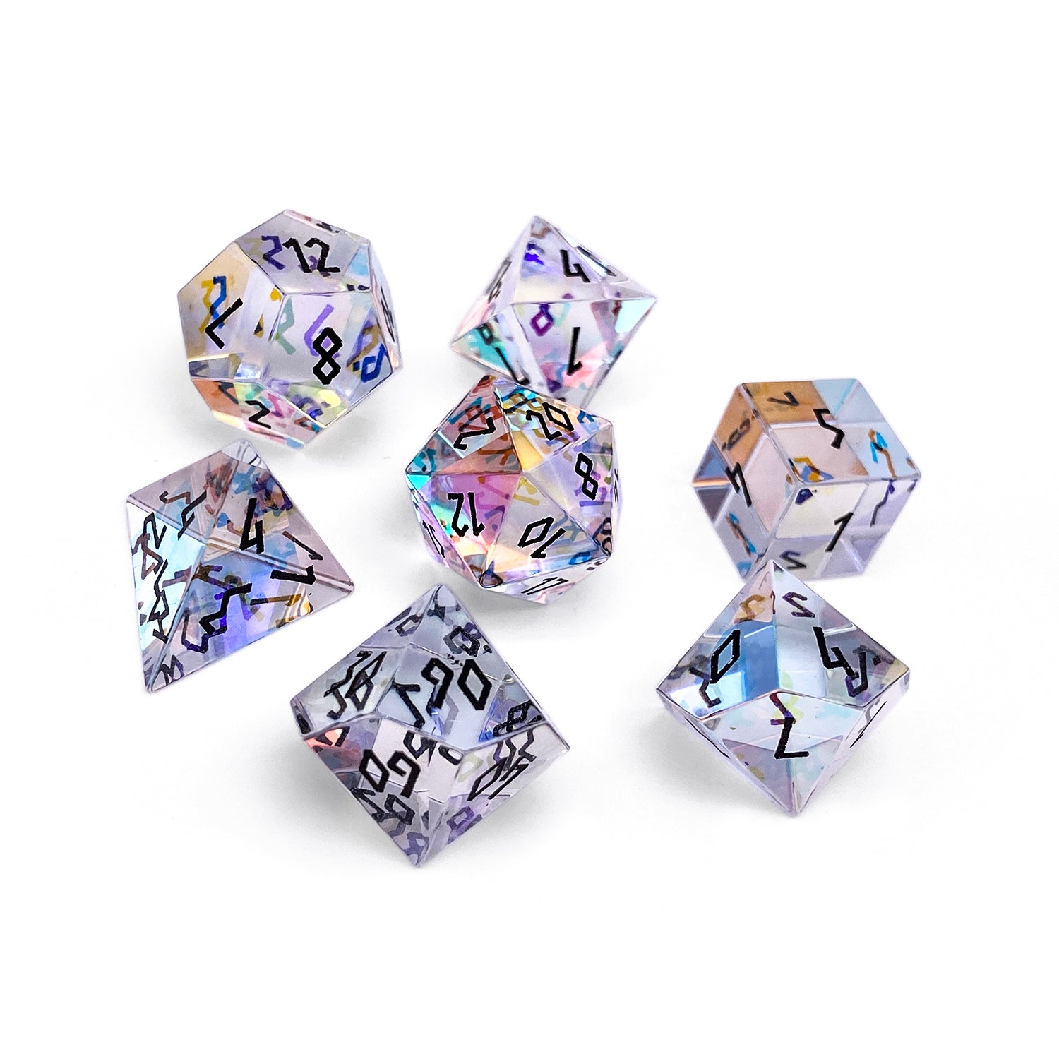 K9 Rainbow Glass - Black Font - 7 Piece RPG Set Glass Dice-Glass Dice-Norse Foundry-Norse Foundry-k9 glass dice-dungeons & dragons-d&d dice set-rpg dice set-glass dice set-d&d-perfect for tabletop rpgs
